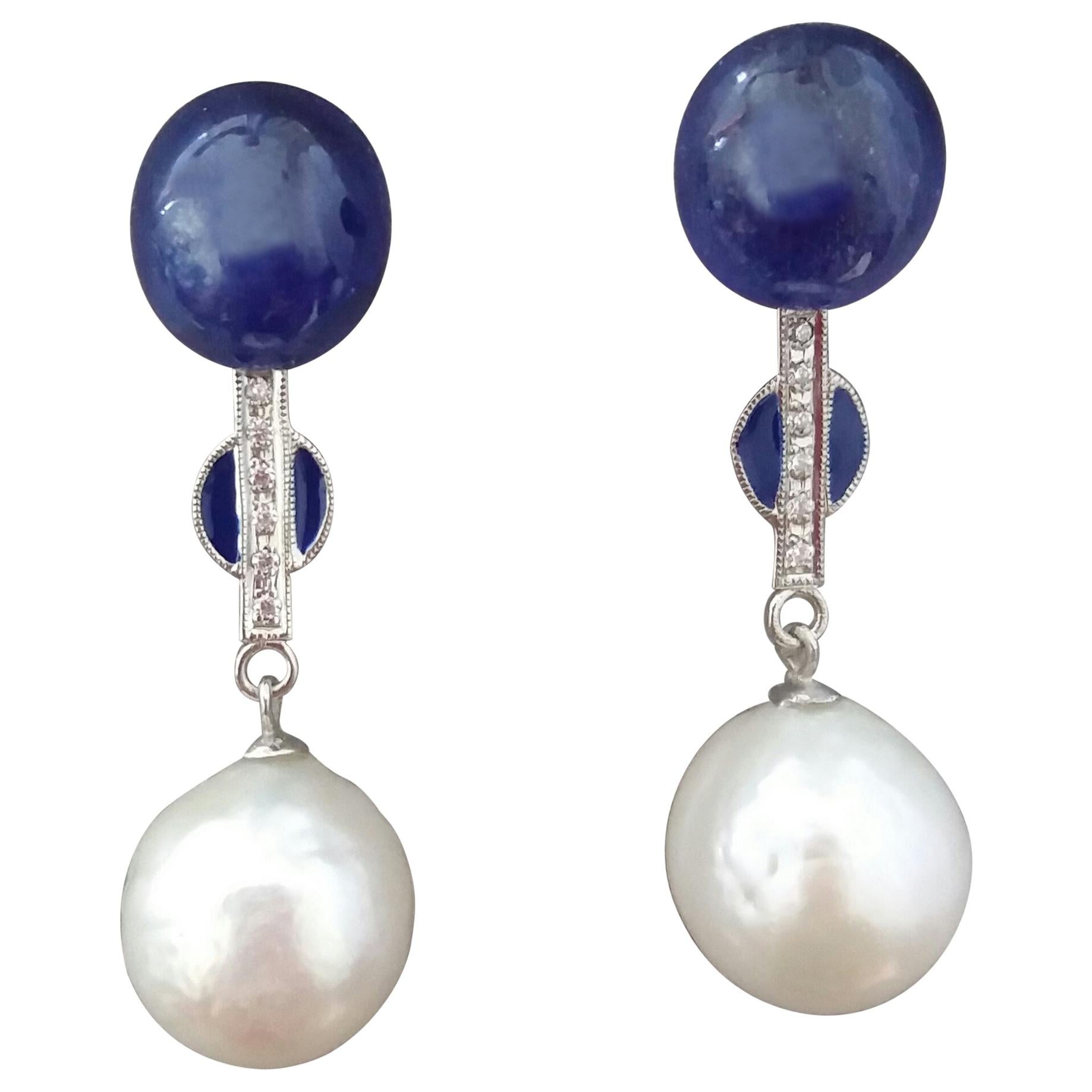 White Baroque Pearls Gold Diamonds Blue Sapphire Cab Blue Enamel Earrings