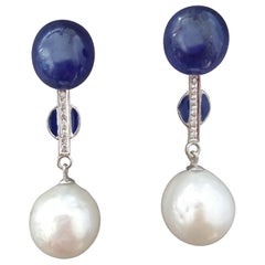 Antique White Baroque Pearls Gold Diamonds Blue Sapphire Cab Blue Enamel Earrings