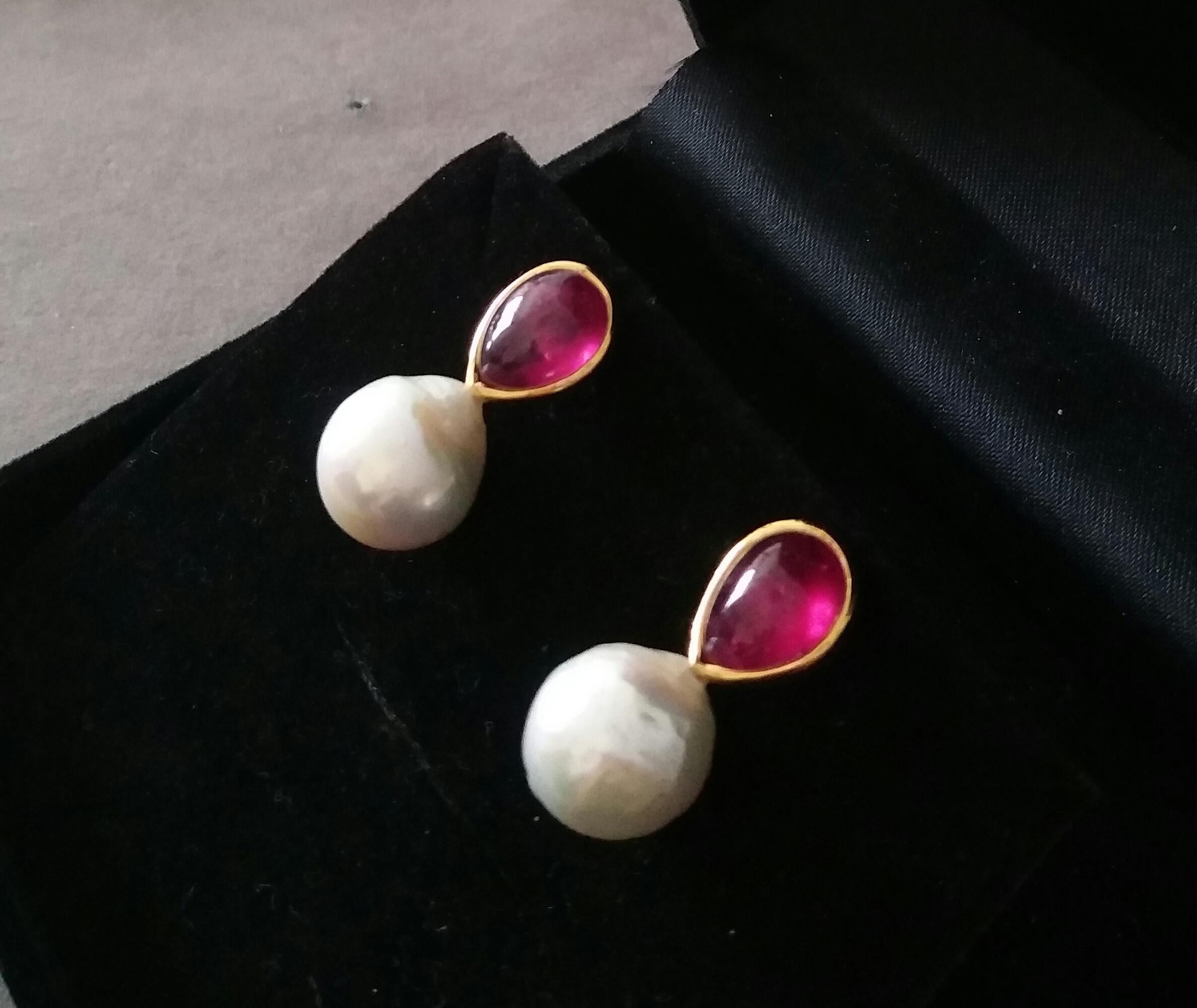 White Baroque Pearls Pear Shape Ruby Cabs 14 Kt Yellow Gold Bezel Stud Earrings For Sale 6