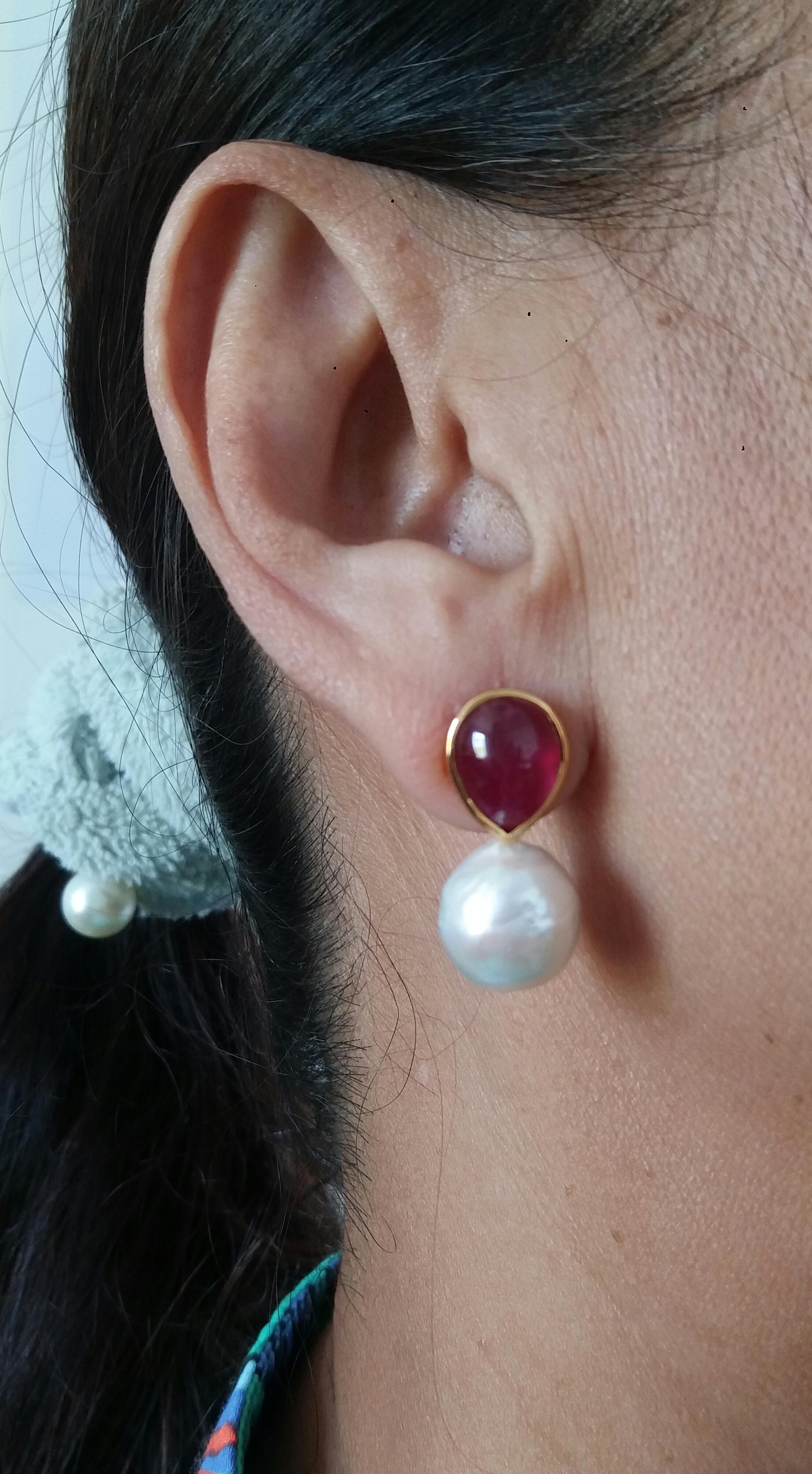 White Baroque Pearls Pear Shape Ruby Cabs 14 Kt Yellow Gold Bezel Stud Earrings For Sale 9