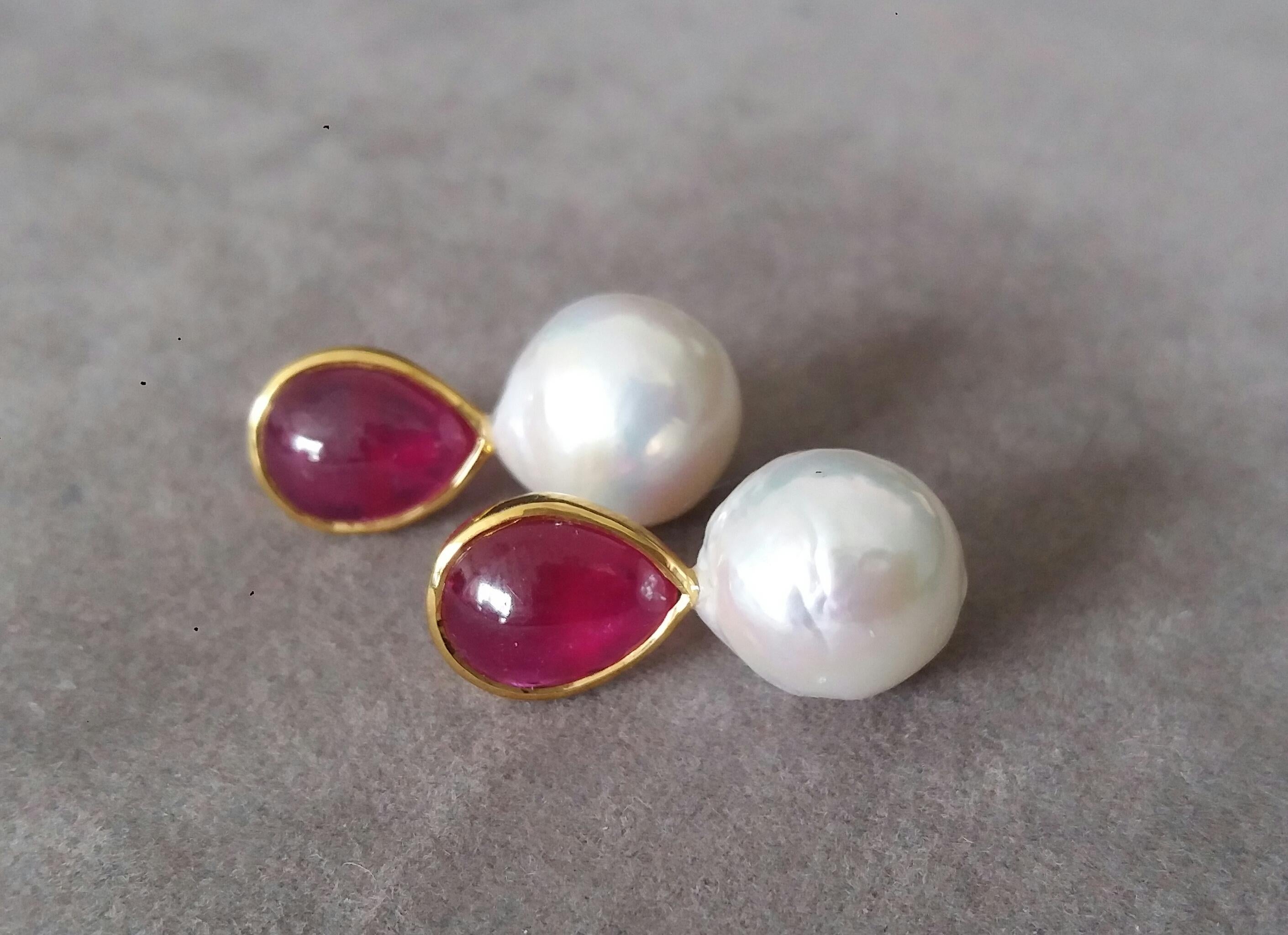 White Baroque Pearls Pear Shape Ruby Cabs 14 Kt Yellow Gold Bezel Stud Earrings For Sale 1