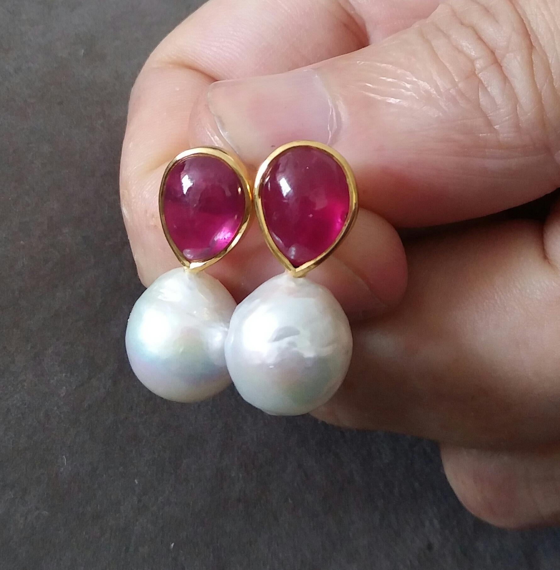 White Baroque Pearls Pear Shape Ruby Cabs 14 Kt Yellow Gold Bezel Stud Earrings For Sale 2