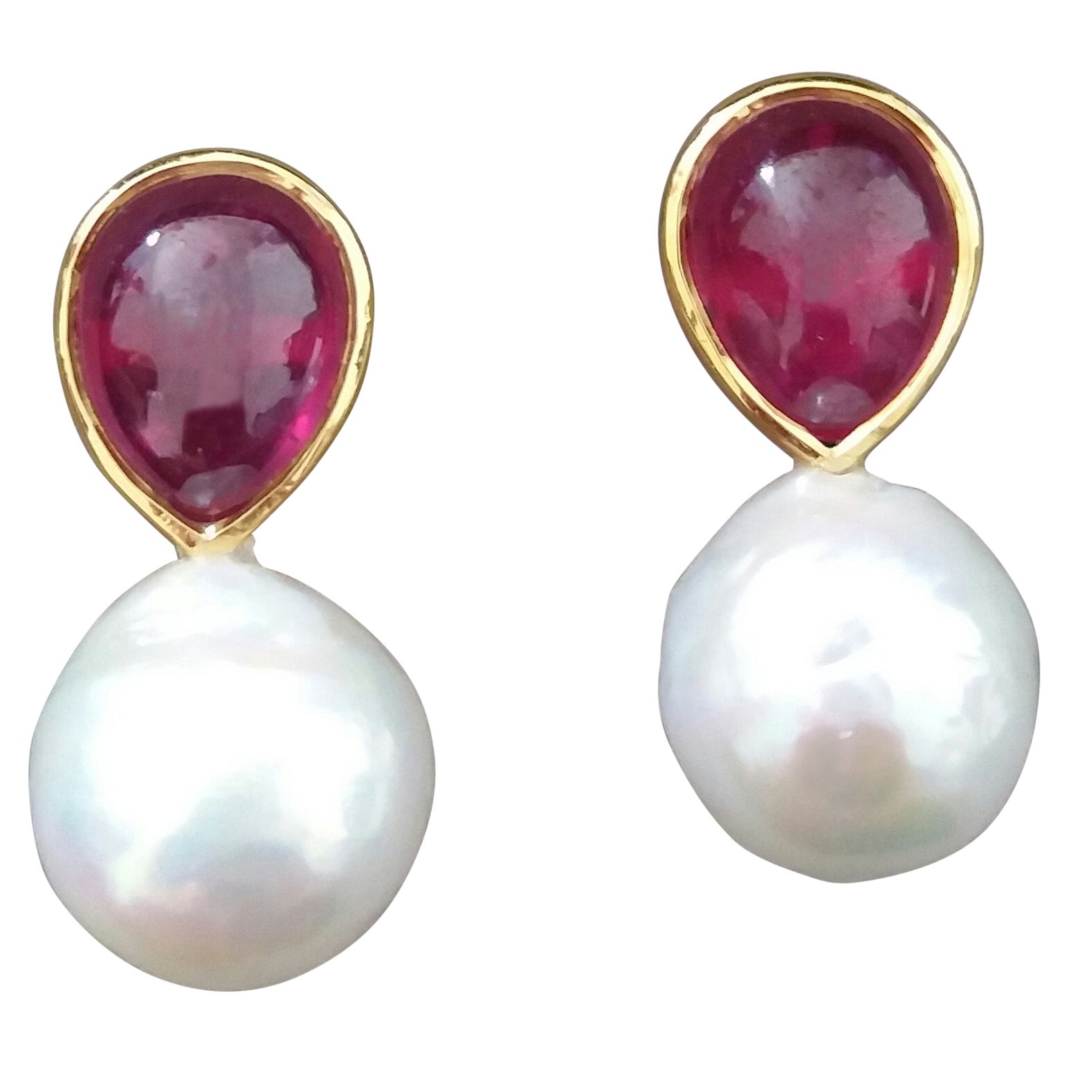 White Baroque Pearls Pear Shape Ruby Cabs 14 Kt Yellow Gold Bezel Stud Earrings
