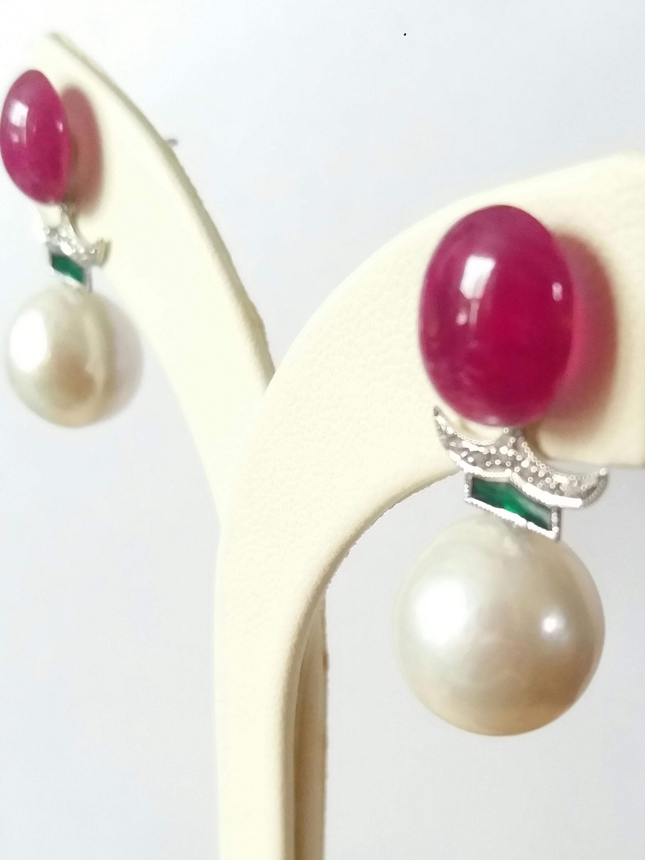 Cabochon White Baroque Pearls Ruby Cabs Green Enamel White Gold Diamonds Earrings For Sale