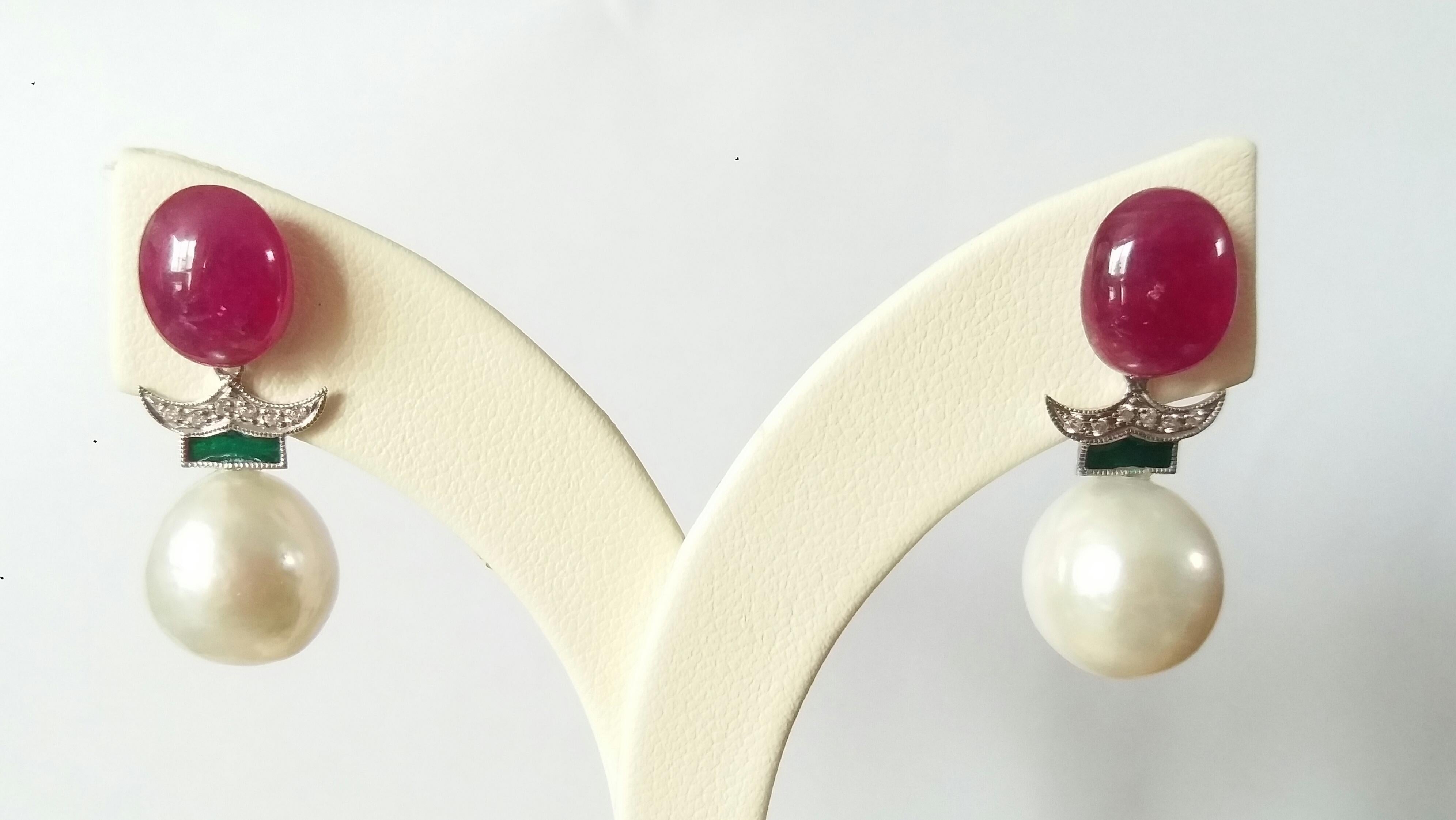 White Baroque Pearls Ruby Cabs Green Enamel White Gold Diamonds Earrings In Good Condition For Sale In Bangkok, TH