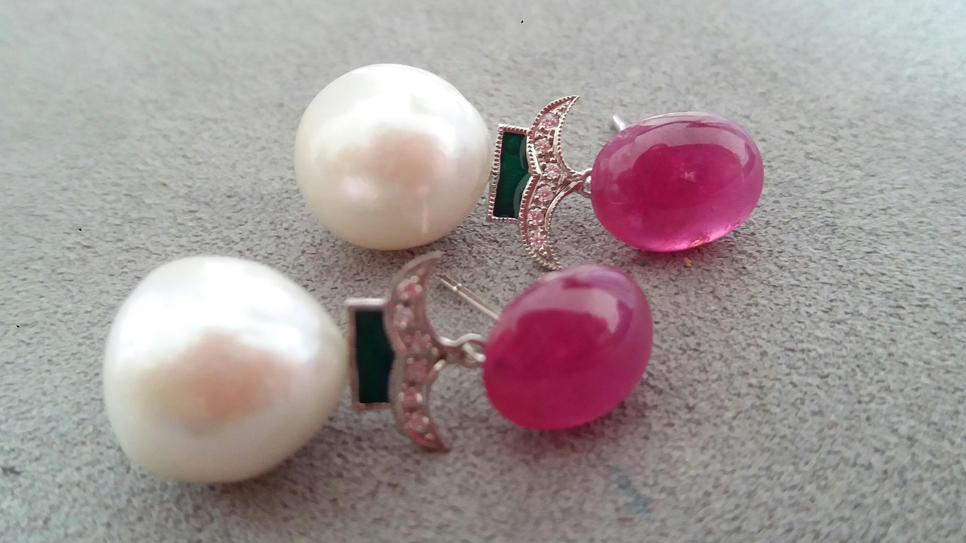 Women's White Baroque Pearls Ruby Cabs Green Enamel White Gold Diamonds Earrings For Sale