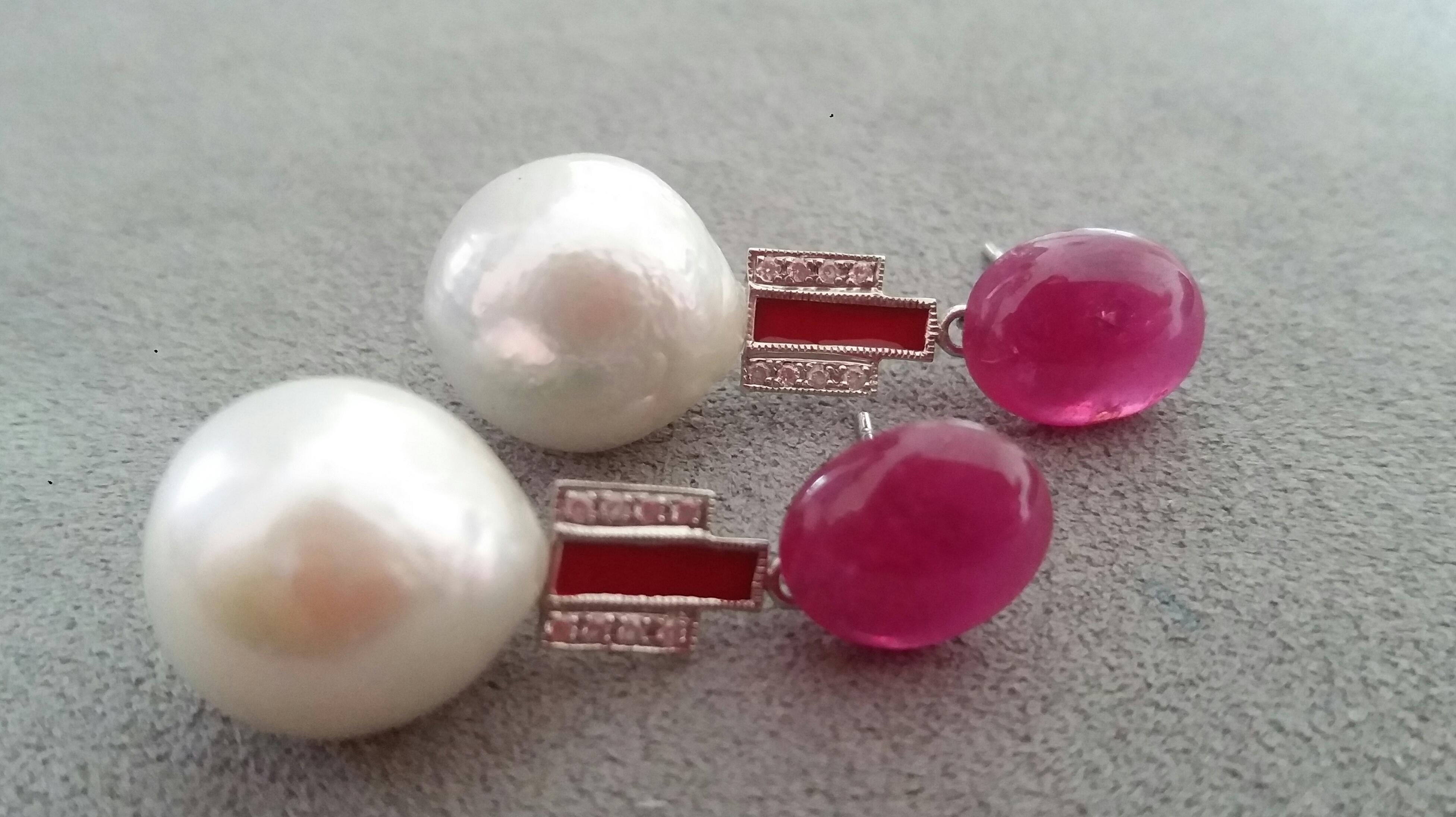 Women's White Baroque Pearls Ruby Cabs White Gold Diamonds Red Enamel Earrings