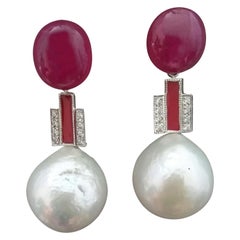White Baroque Pearls Ruby Cabs White Gold Diamonds Red Enamel Earrings