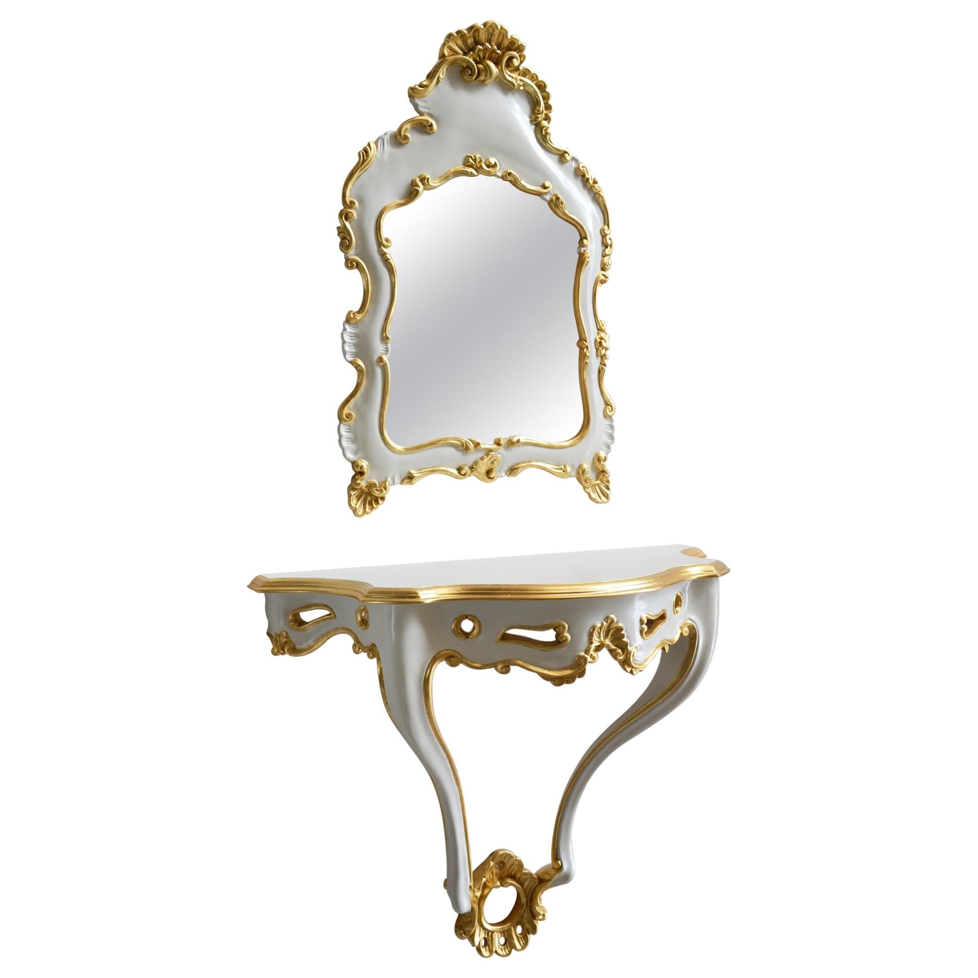 Console et miroir  Détails en feuille d'or sculptés à la main en Italie par Cupioli disponibles