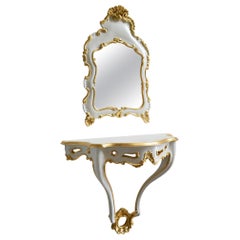 Console and wall Mirror  Italian handcarved wood white and gold foil details 