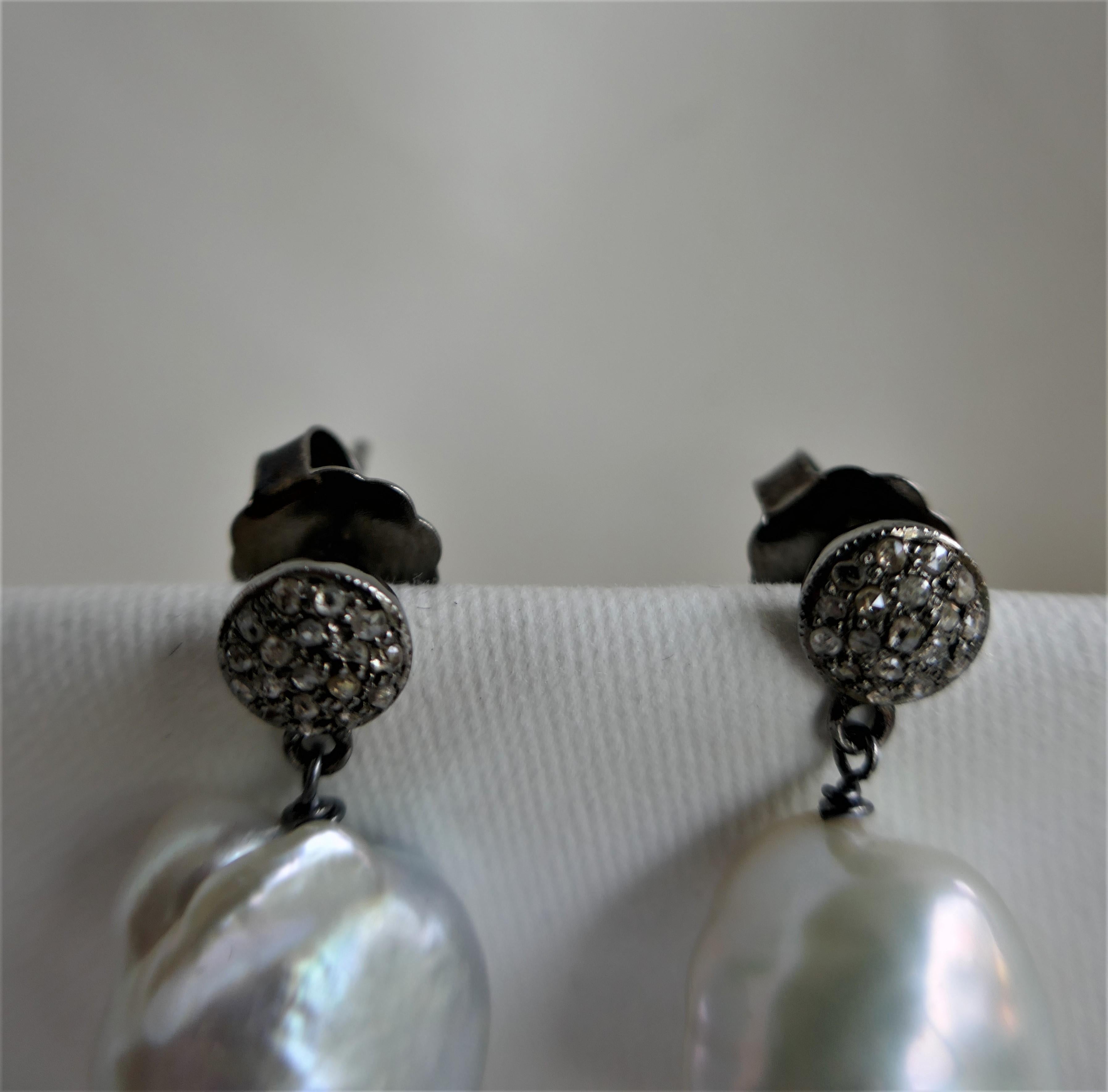 Modern White Baroque Souffle Cultured Pearls 925 Oxidized Silver Diamond Post Earrings For Sale