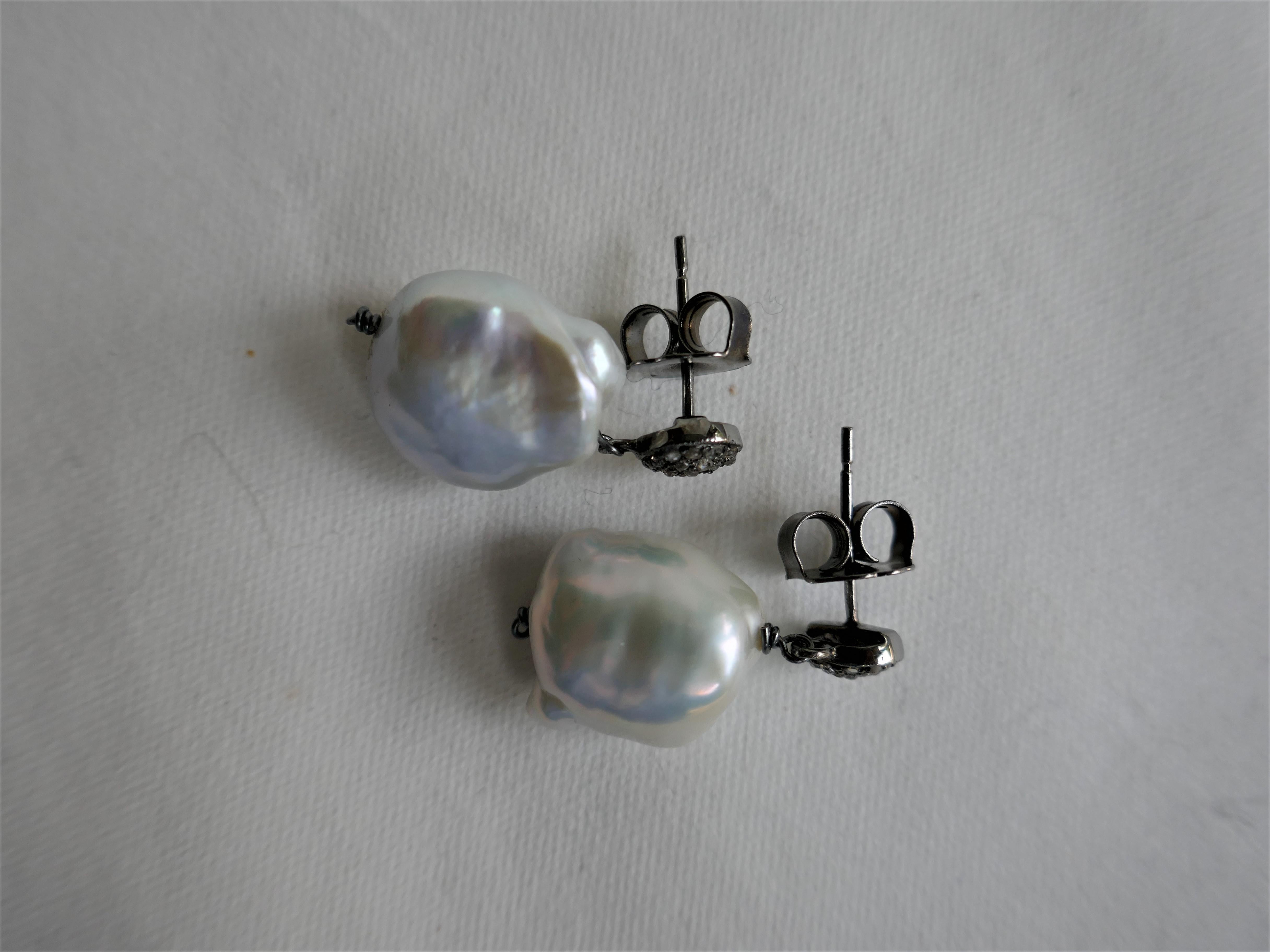 Women's White Baroque Souffle Cultured Pearls 925 Oxidized Silver Diamond Post Earrings For Sale