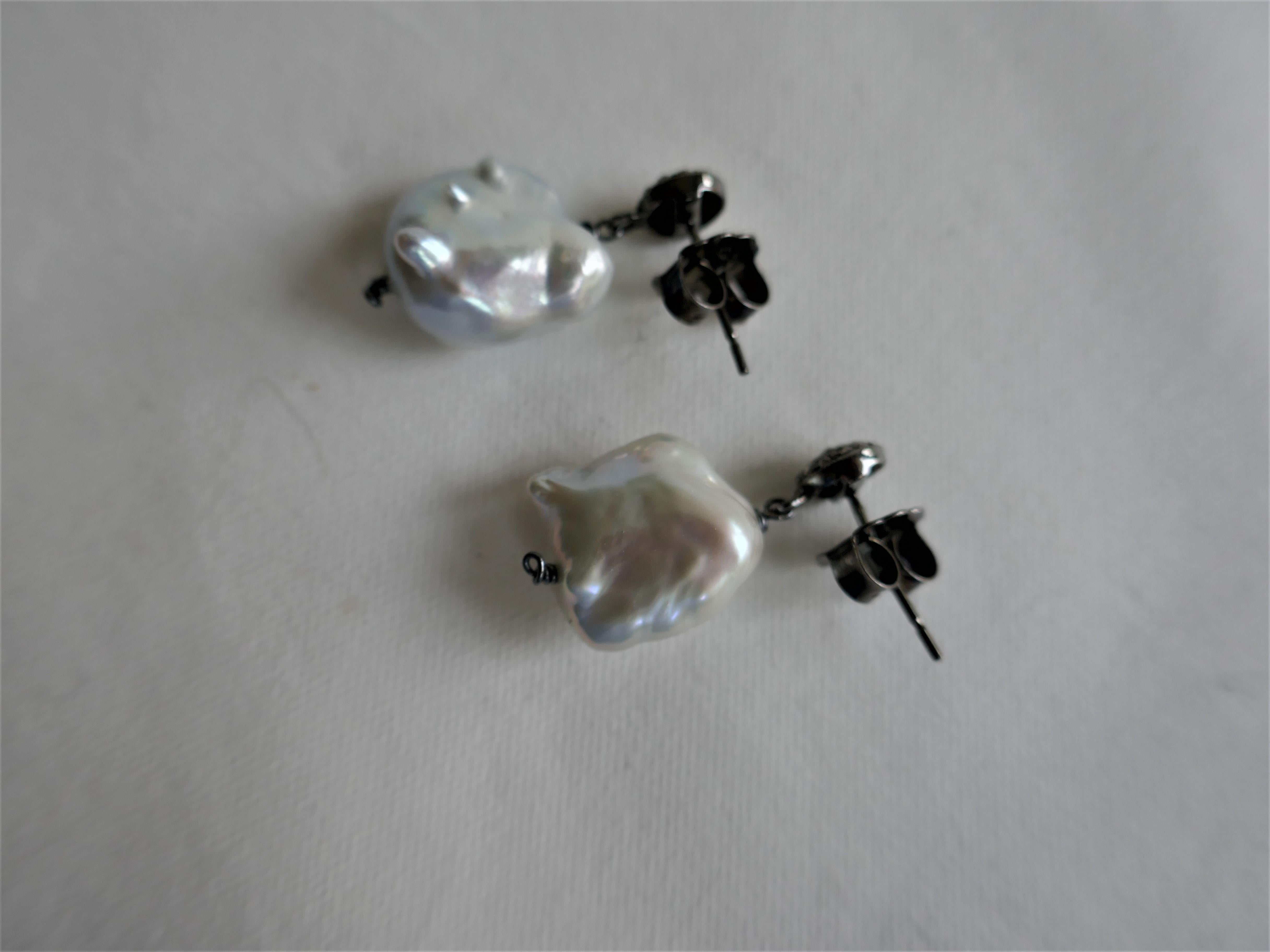 White Baroque Souffle Cultured Pearls 925 Oxidized Silver Diamond Post Earrings For Sale 1