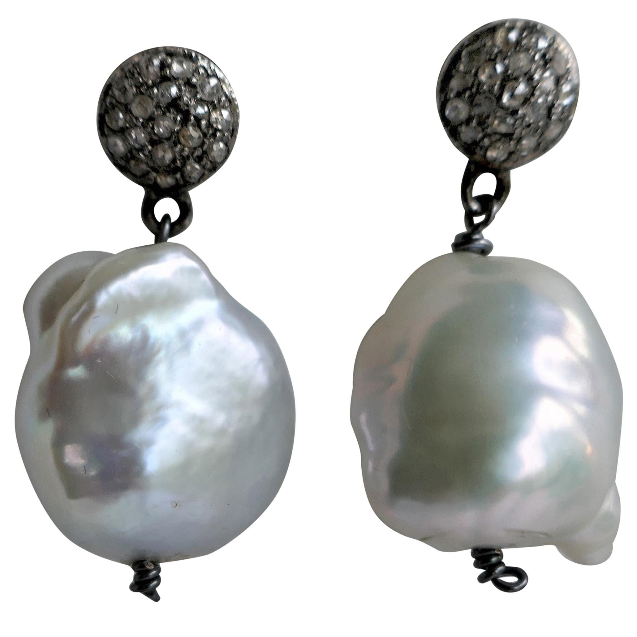 White Baroque Souffle Cultured Pearls 925 Oxidized Silver Diamond Post Earrings For Sale