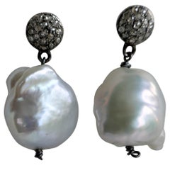 White Baroque Souffle Cultured Pearls 925 Oxidized Silver Diamond Post Earrings