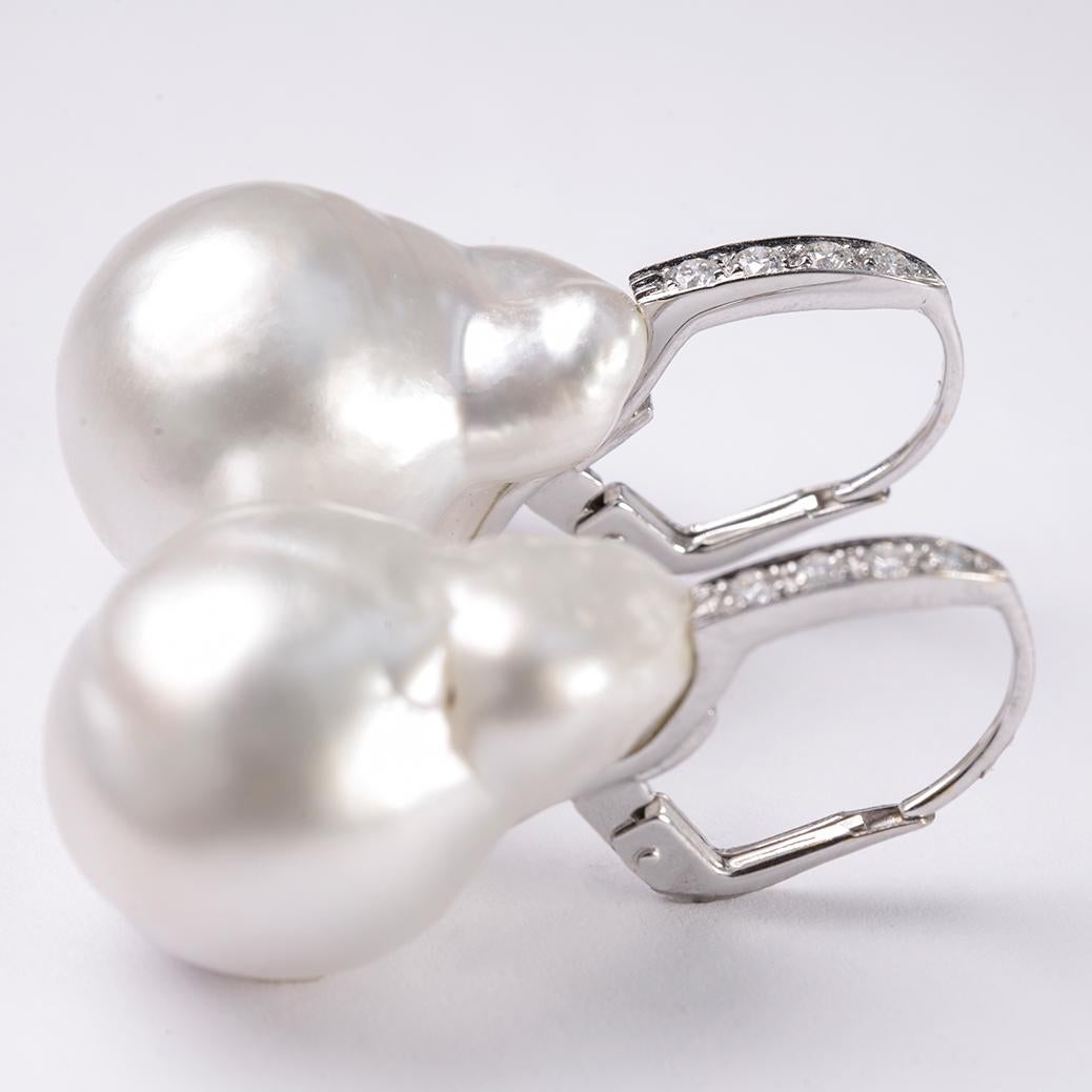 Contemporary White Baroque South Sea Pearl Diamond Drop Earrings For Sale