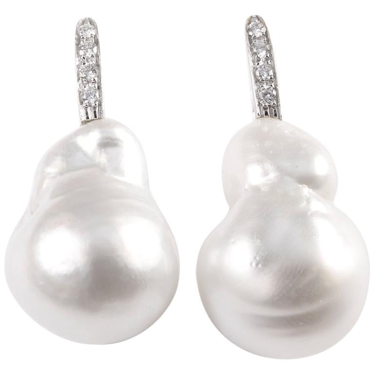 White Baroque South Sea Pearl Diamond Drop Earrings For Sale
