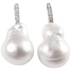 White Baroque South Sea Pearl Diamond Drop Earrings