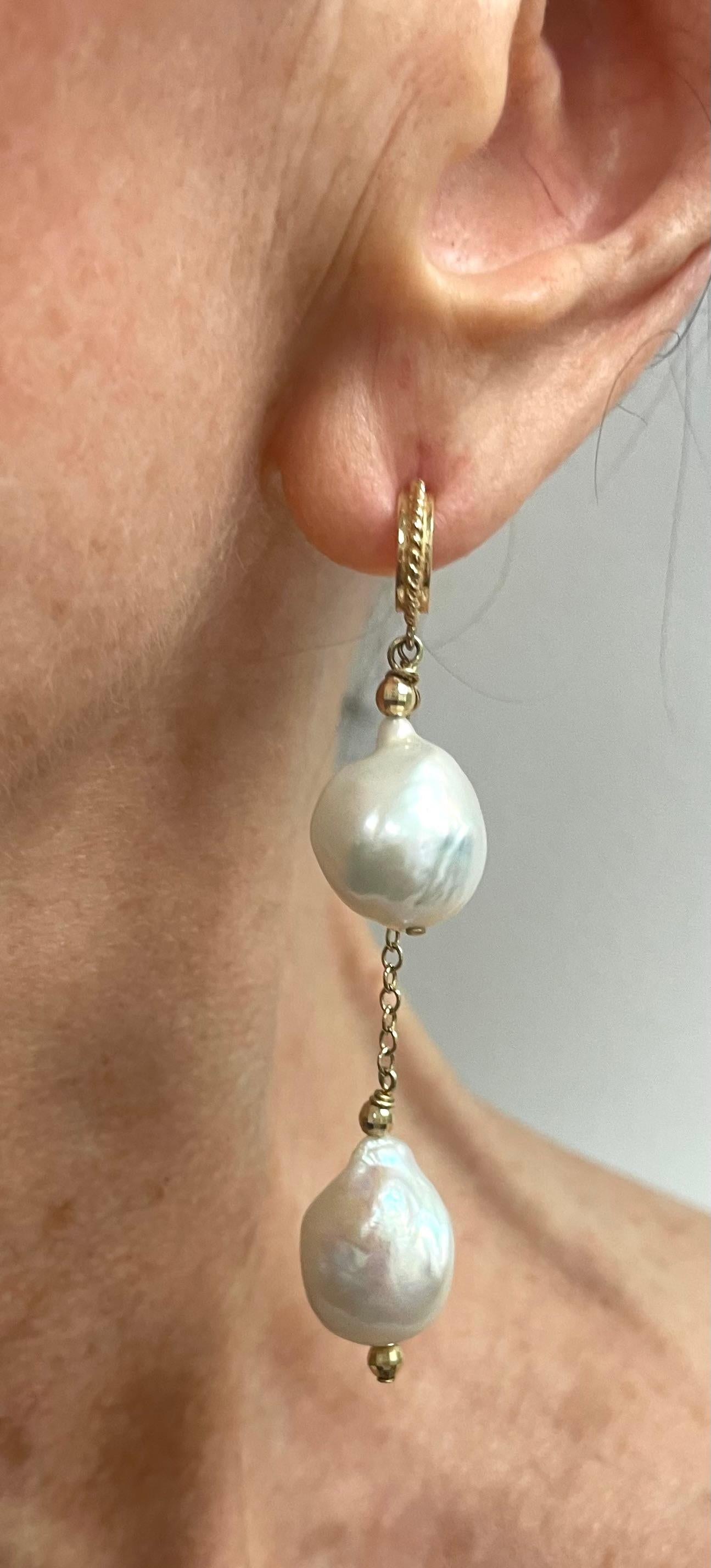 White Baroque Two Drop Pearls Paradizia Earrings In New Condition For Sale In Laguna Beach, CA