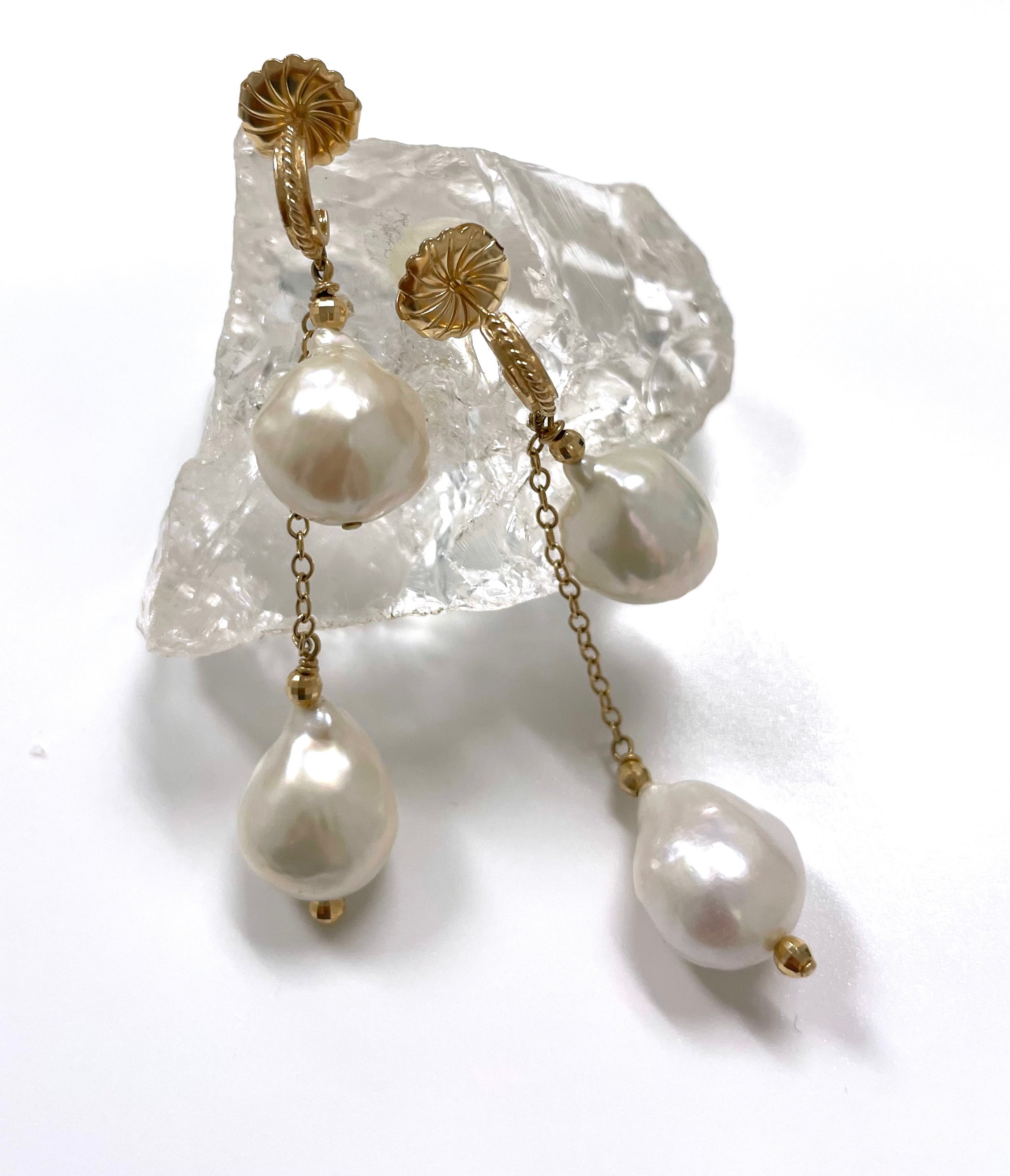 White Baroque Two Drop Pearls Paradizia Earrings For Sale 3