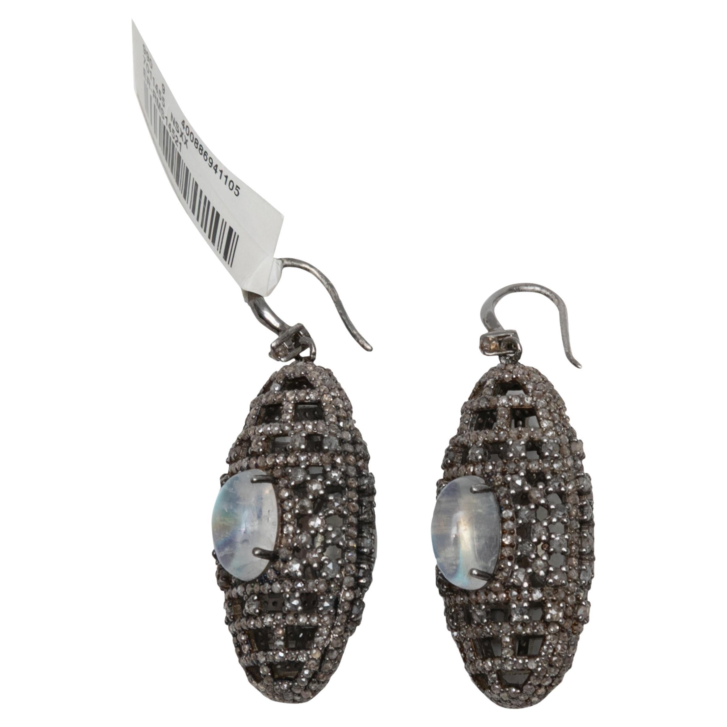 White Bavna Moonstone & Pave Diamond Cage Drop Earrings For Sale