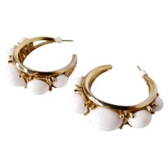 Used White Beaded 14k Gold Plated Hoop Earrings