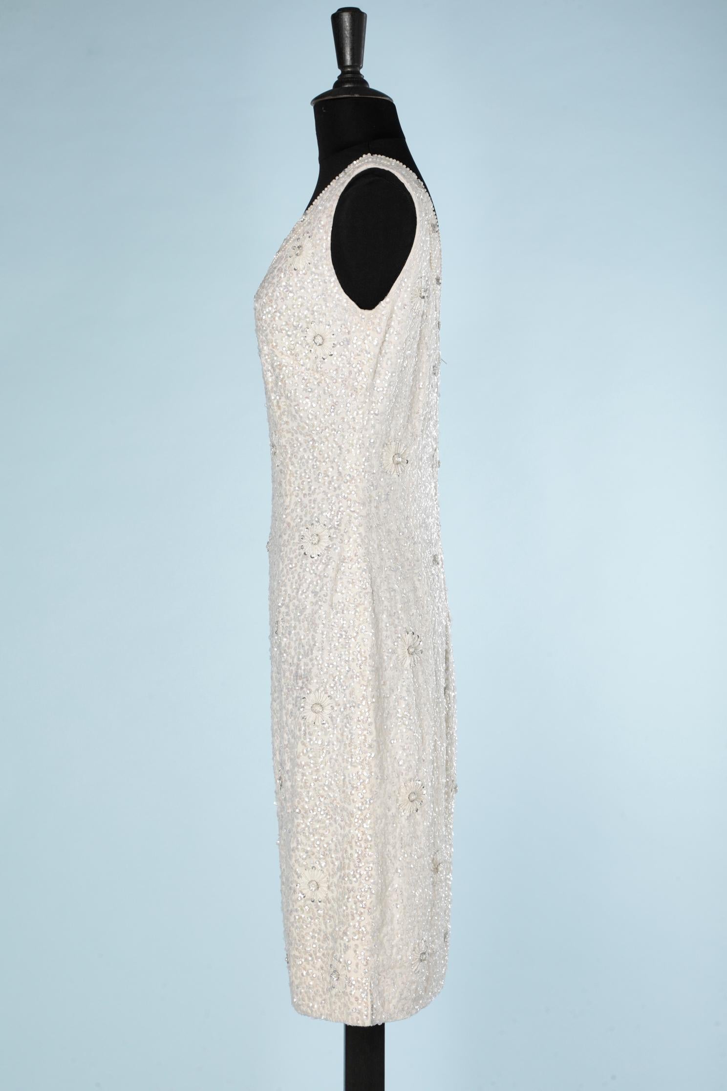 White beaded and sequin cocktail dress on wool jersey base Helen Wong  For Sale 1