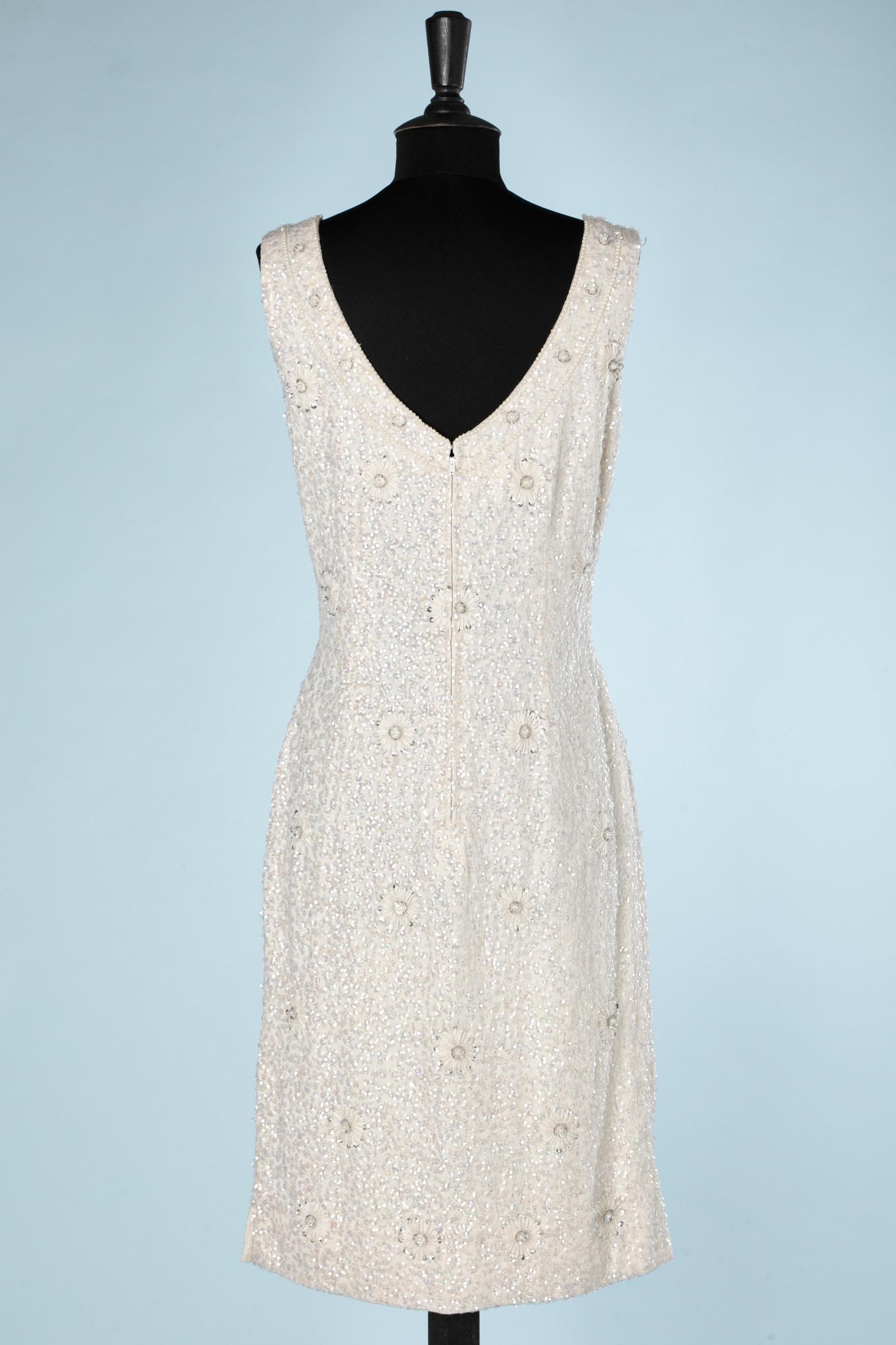 White beaded and sequin cocktail dress on wool jersey base Helen Wong  For Sale 2