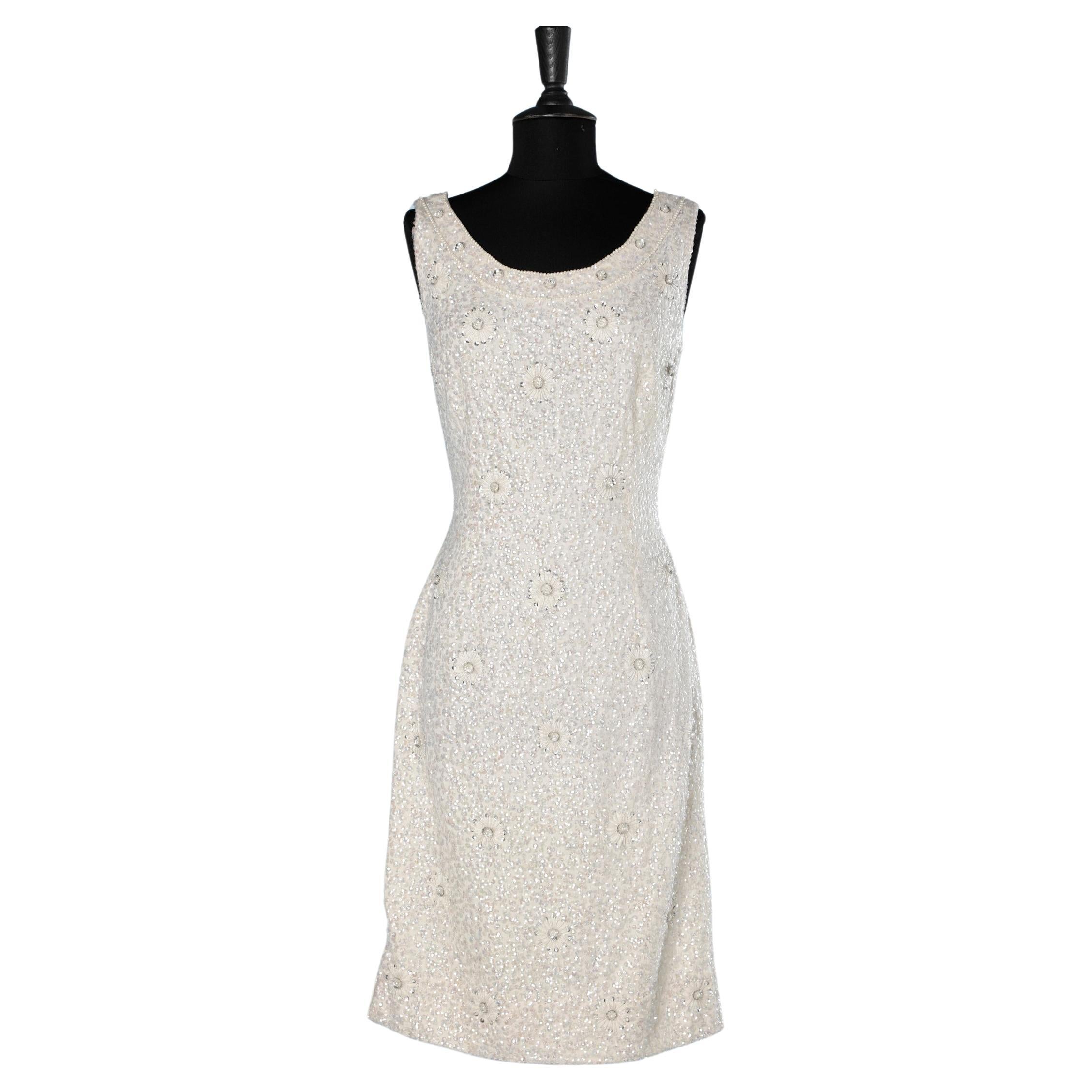 White beaded and sequin cocktail dress on wool jersey base Helen Wong  For Sale