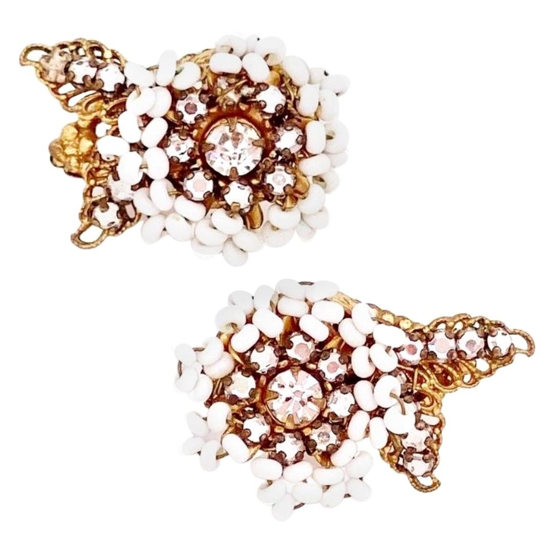 White Beaded Flower Earrings By Miriam Haskell, 1940s For Sale