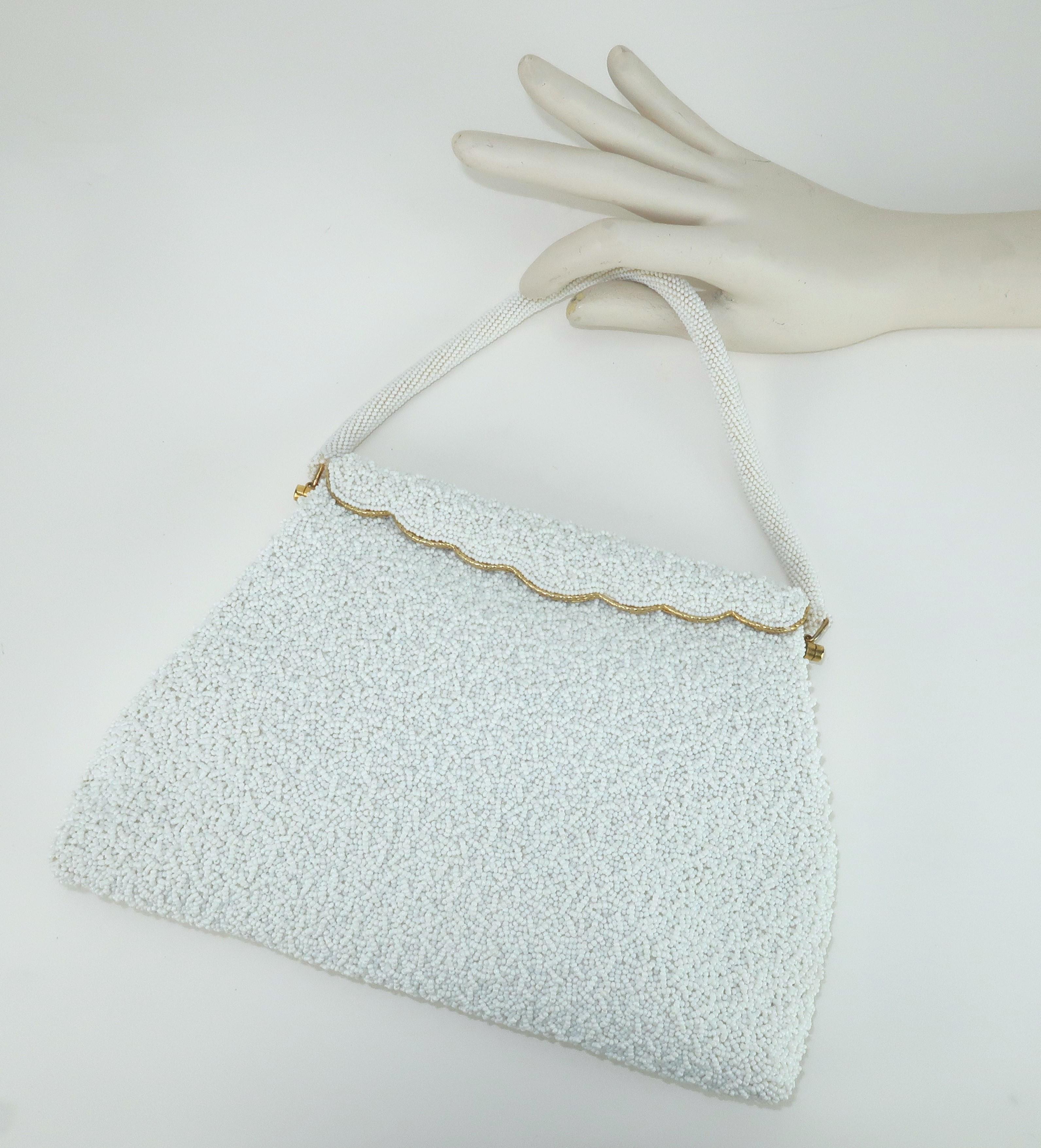 White Beaded Gold Framed Handbag, 1950’s 6