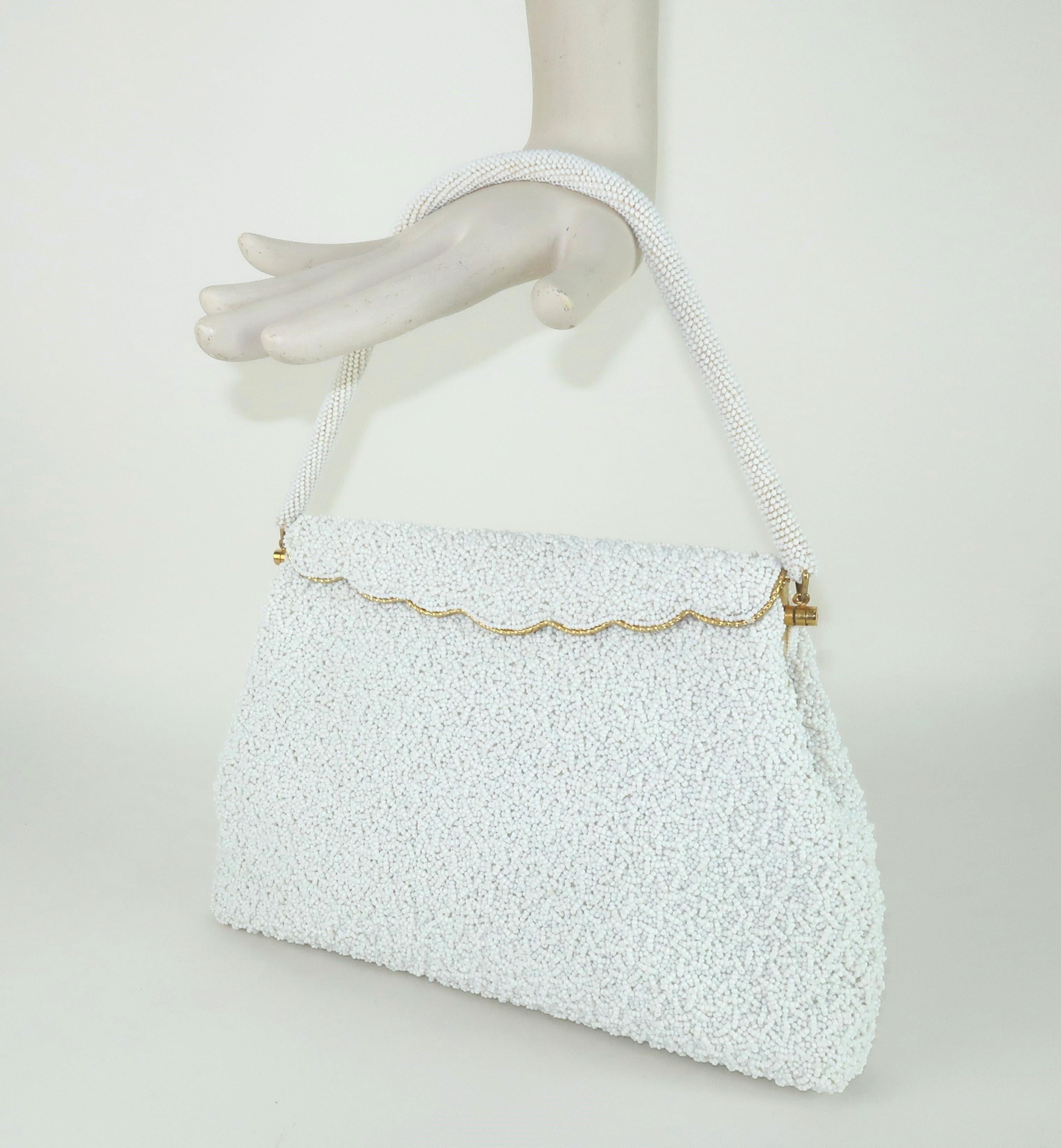 White Beaded Gold Framed Handbag, 1950’s 7