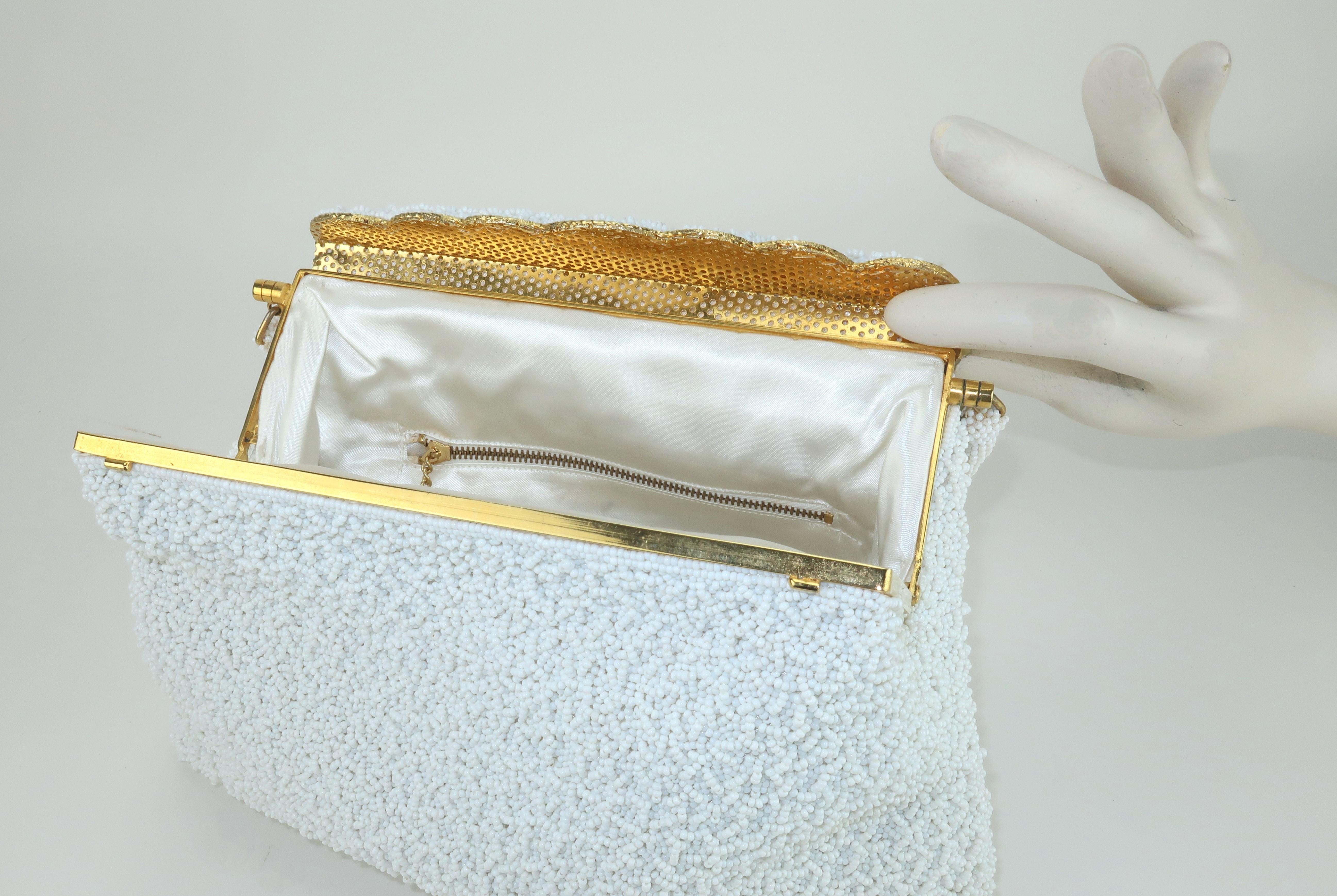 White Beaded Gold Framed Handbag, 1950’s 3