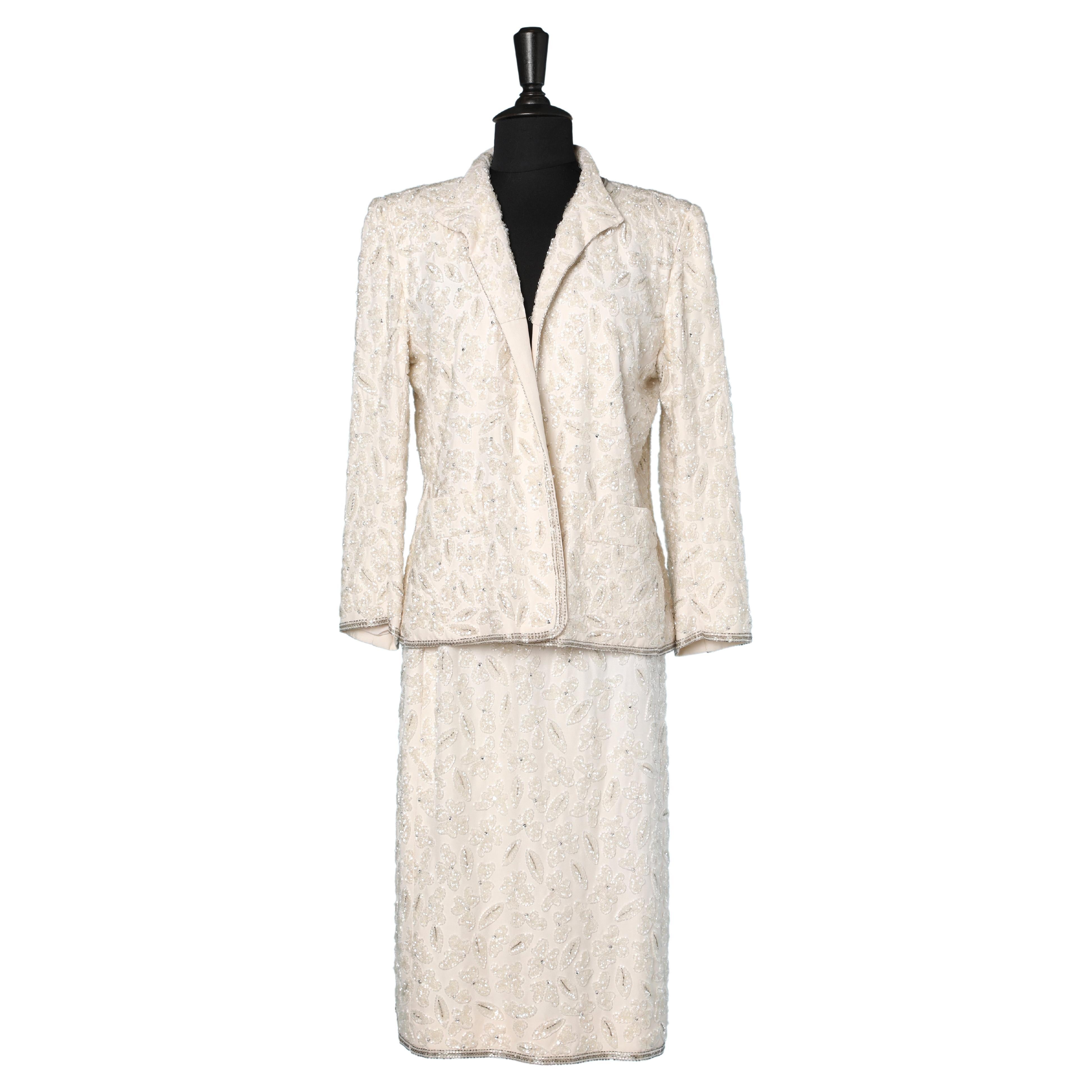 White beaded skirt-suit Circa 1960's For Sale