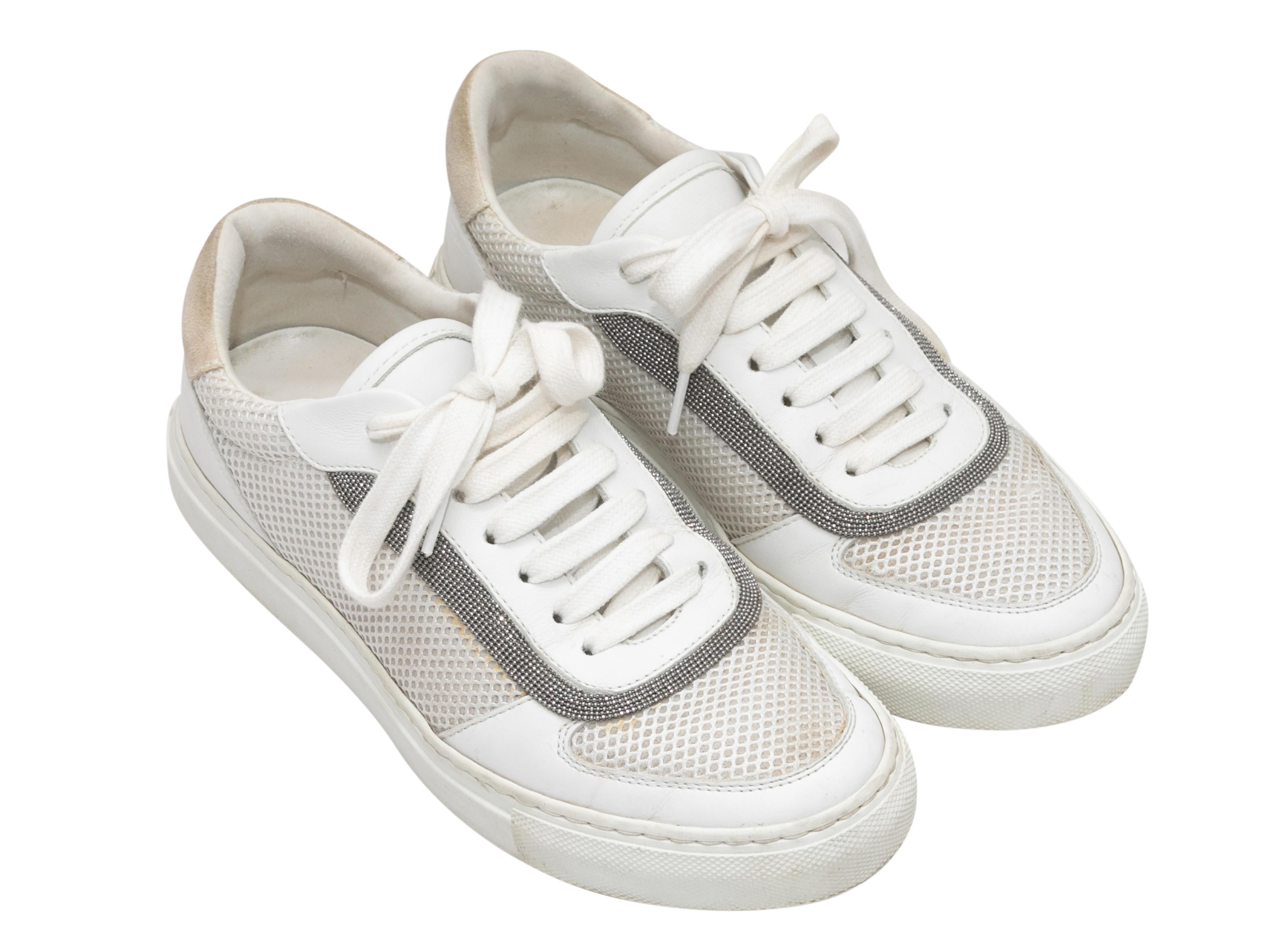 White & Beige Brunello Cucinelli Monilli-Trimmed Sneakers Size 37 In Good Condition For Sale In New York, NY