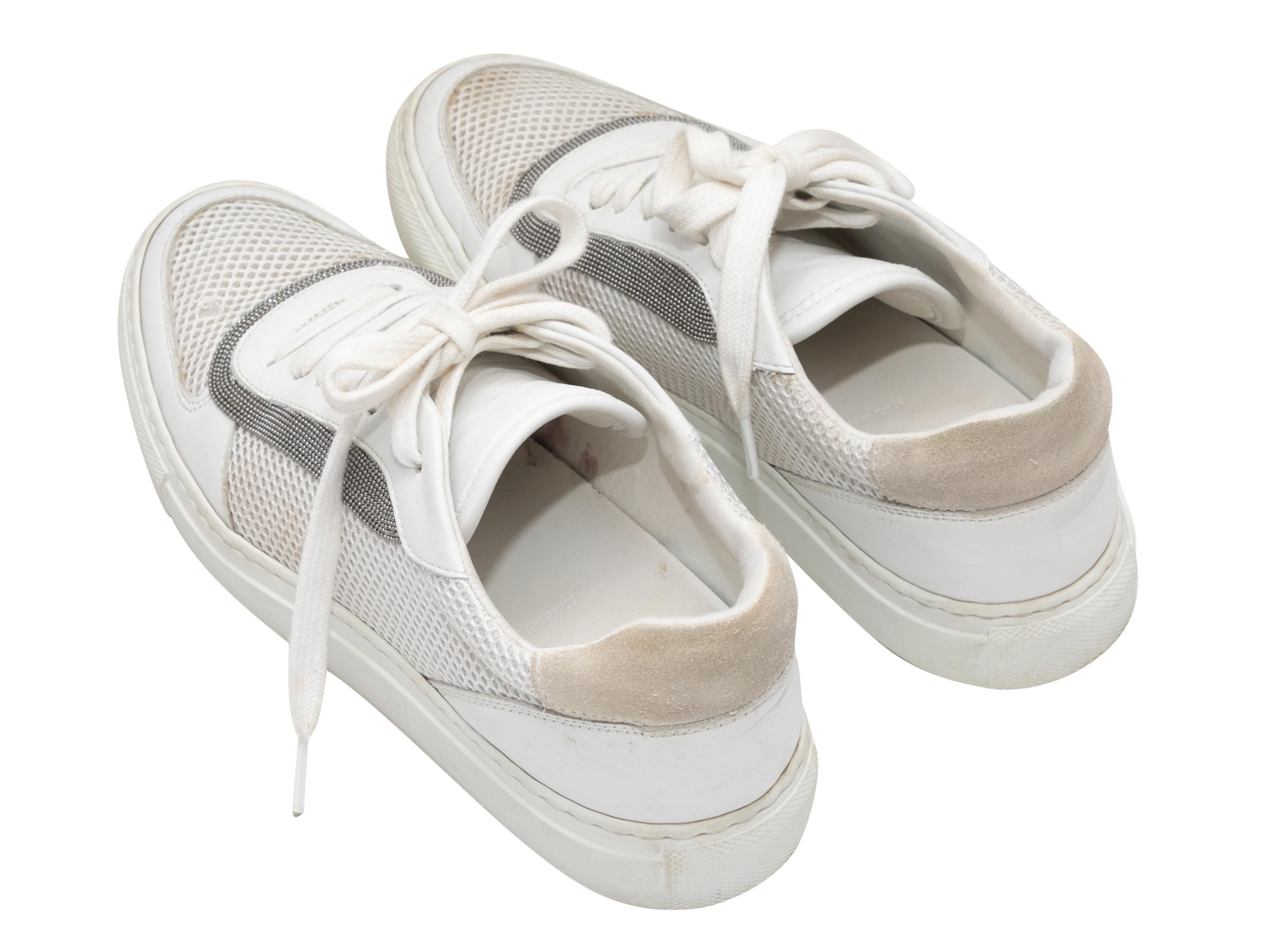 Women's White & Beige Brunello Cucinelli Monilli-Trimmed Sneakers Size 37 For Sale