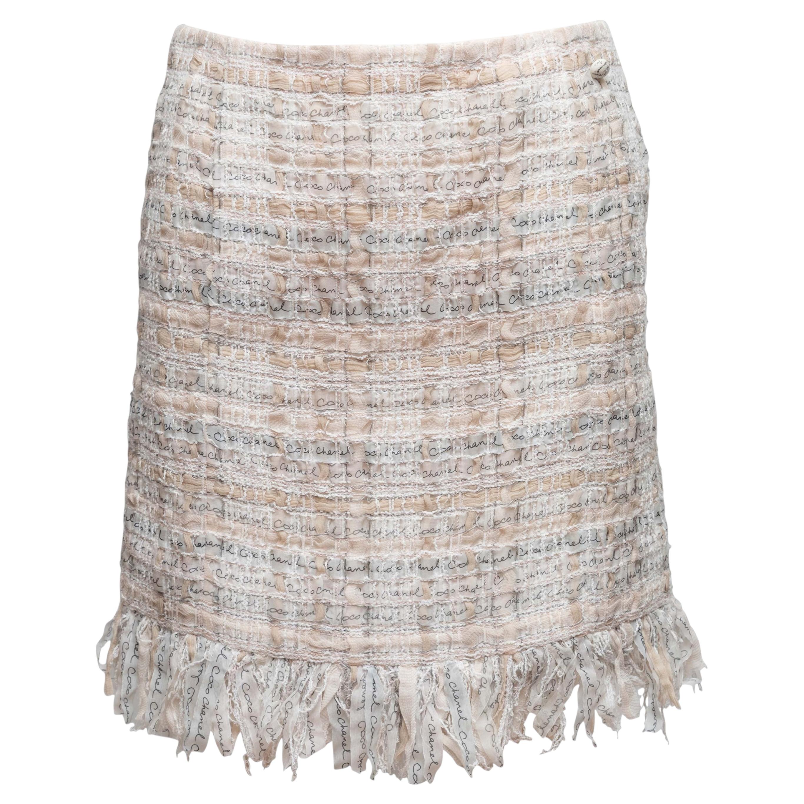 White & Beige Chanel Silk-Blend Plaid Tweed Skirt Size FR 36 For Sale