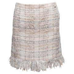 White & Beige Chanel Silk-Blend Plaid Tweed Skirt Size FR 36