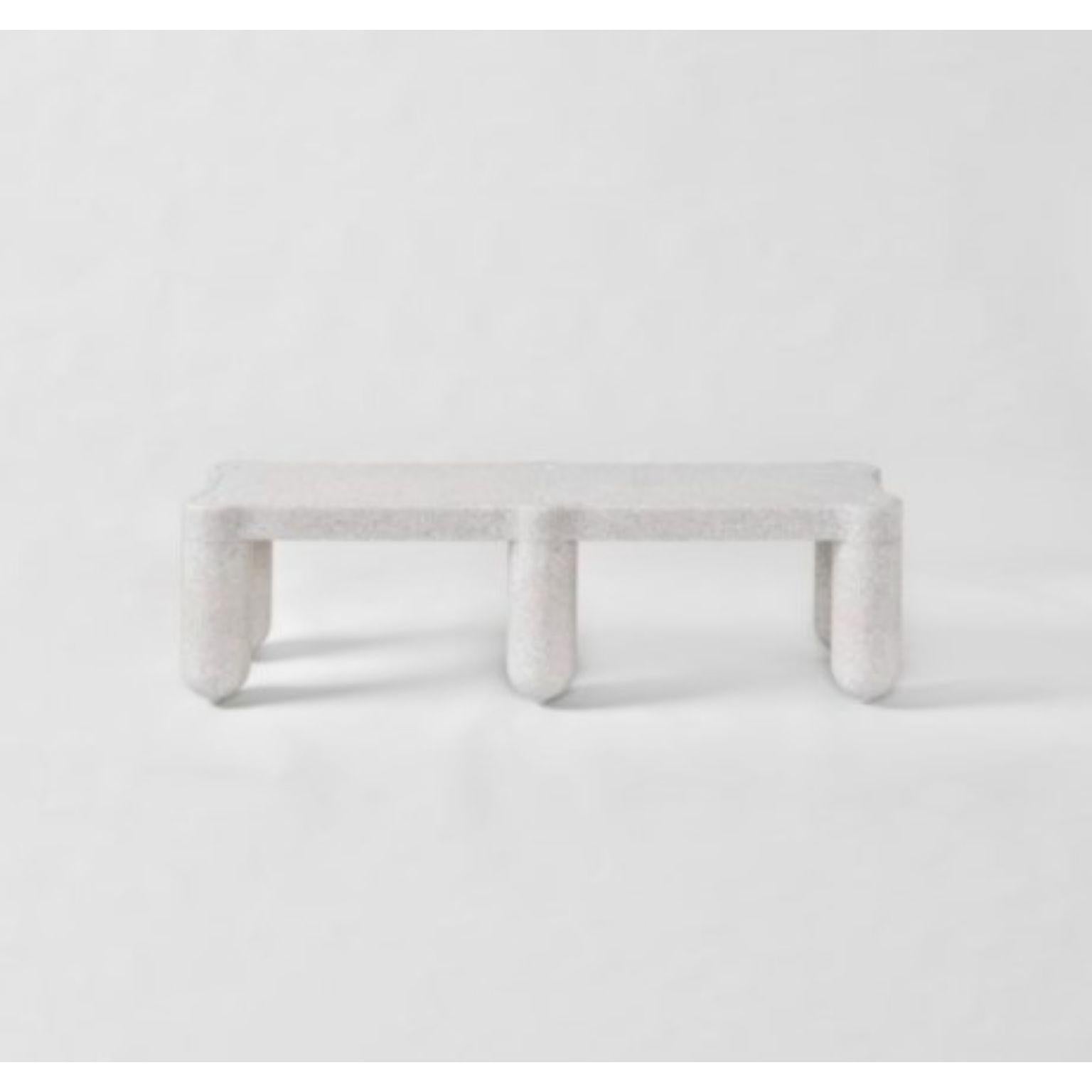 White bench by Supernovas
Dimensions: D150 x W40 x H12 cm
Materials: 100% Recycled LDPE 
Weight: 22 kg
Also available in different colours.

Easy to assemble without tools, Afterlife Bench takes the weight off your feet or becomes the perfect