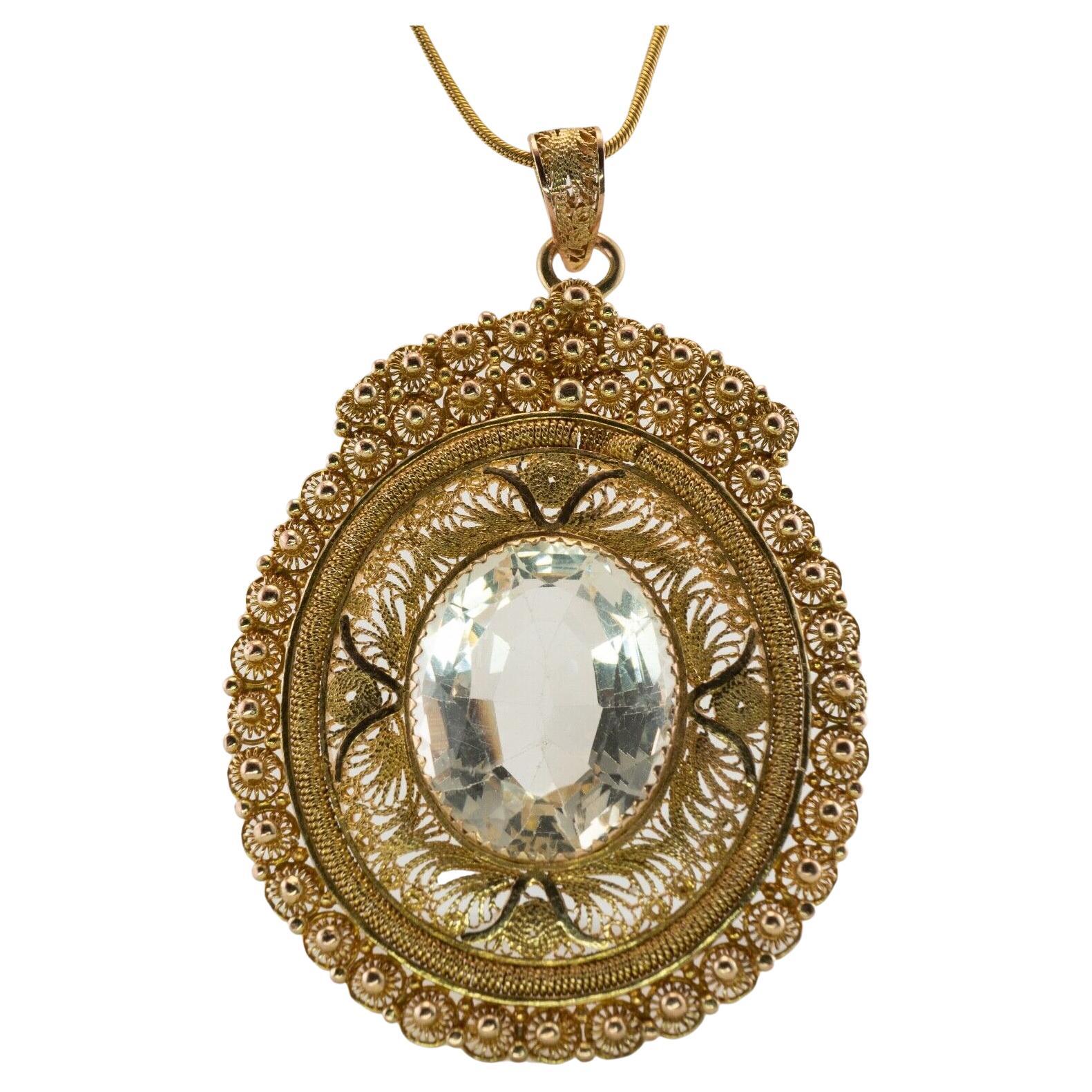 Béryl Blanc Grand Pendentif Or 14K Vintage