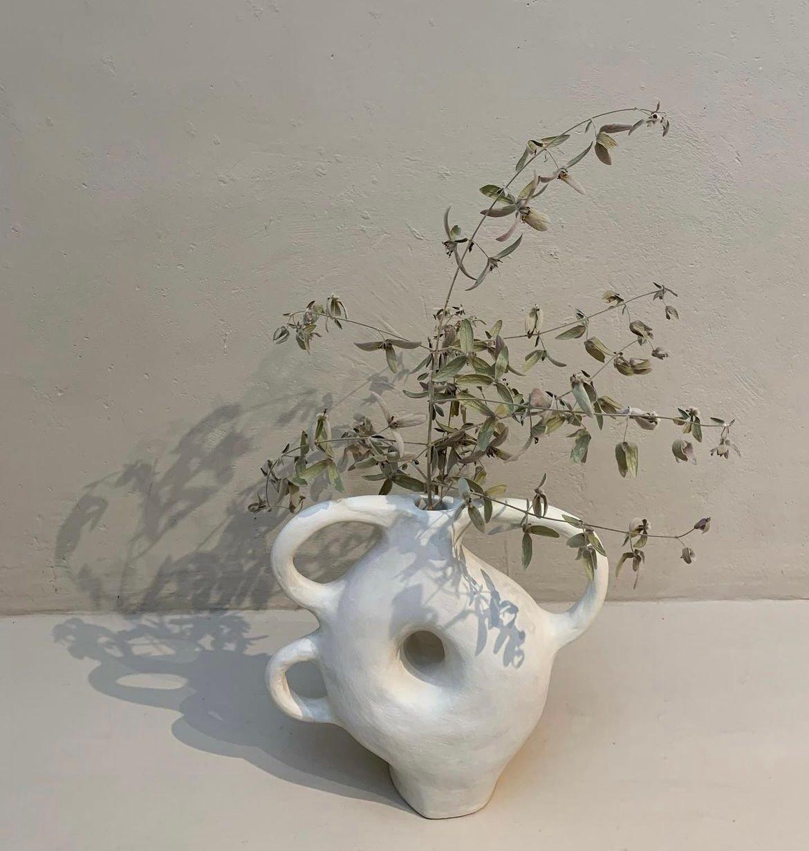 Glazed White Biomorphic Ceramic 3-Handle Vessel by Hanna Englund Ceramics For Sale