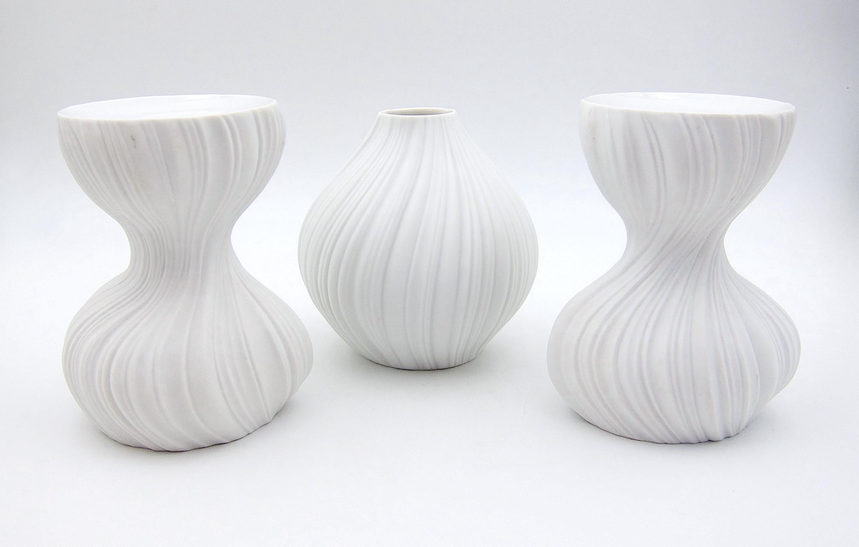 Mid-Century Modern White Bisque Porcelain Plissee Vase and Candle Holders by Martin Freyer For Sale