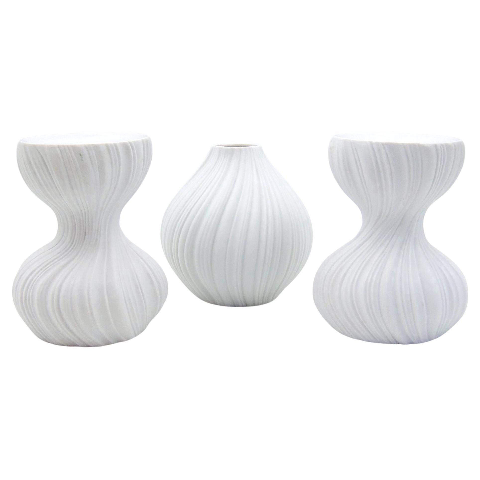 White Bisque Porcelain Plissee Vase and Candle Holders by Martin Freyer For Sale