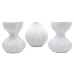 White Bisque Porcelain Plissee Vase and Candle Holders by Martin Freyer