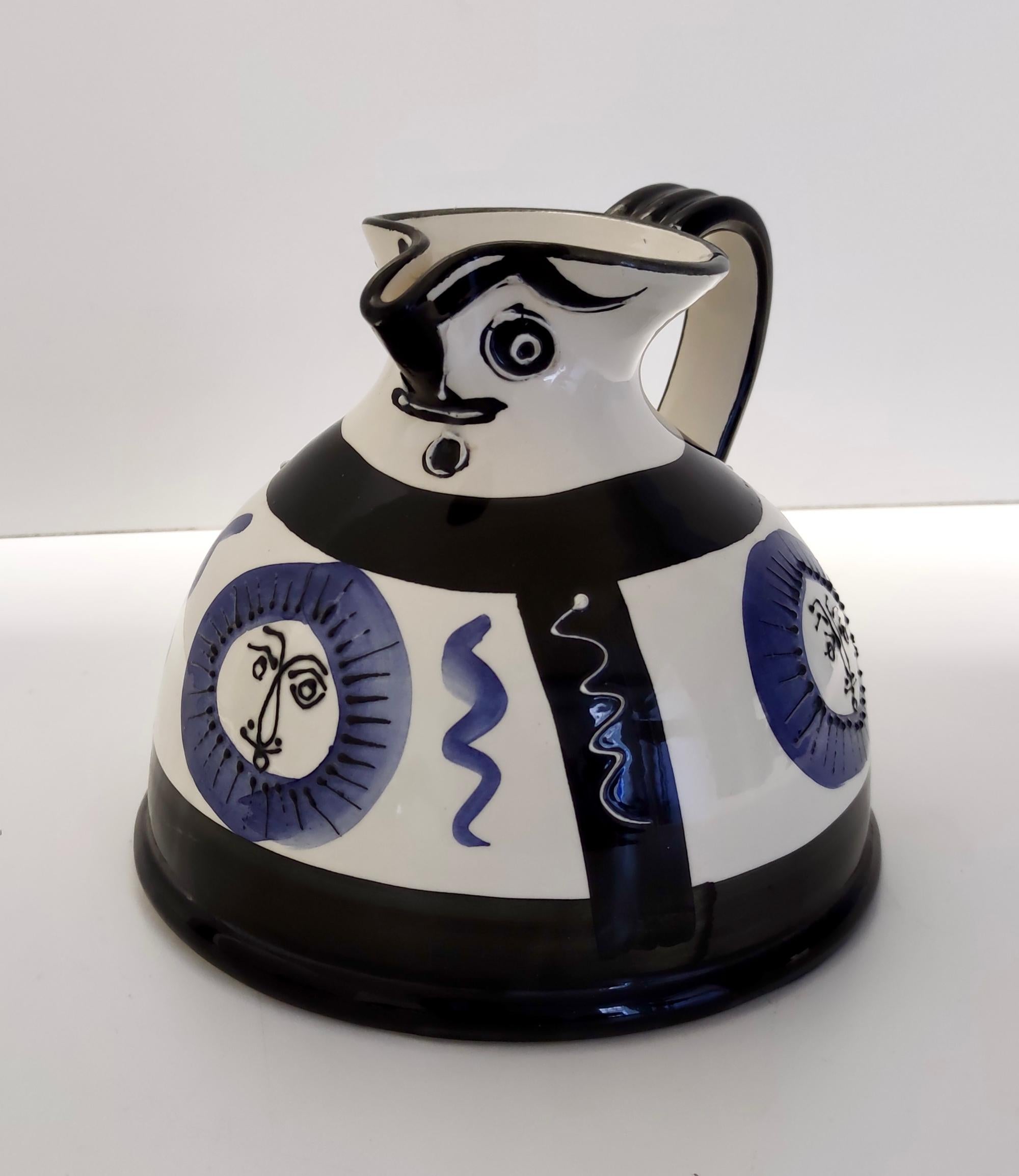 Late 20th Century White, Black and Blue Hand-Painted Ceramic Jug / Vase in the Style of Picasso For Sale