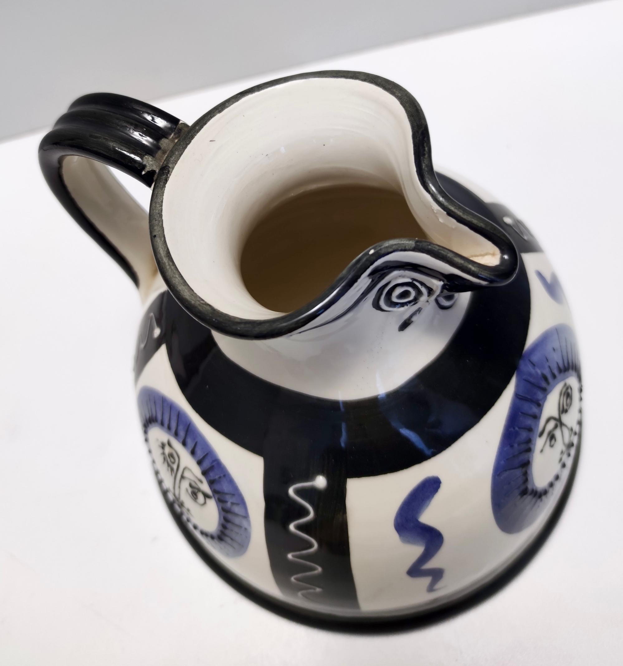 White, Black and Blue Hand-Painted Ceramic Jug / Vase in the Style of Picasso For Sale 1