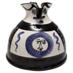 White, Black and Blue Hand-Painted Ceramic Jug in the Style of Picasso, France