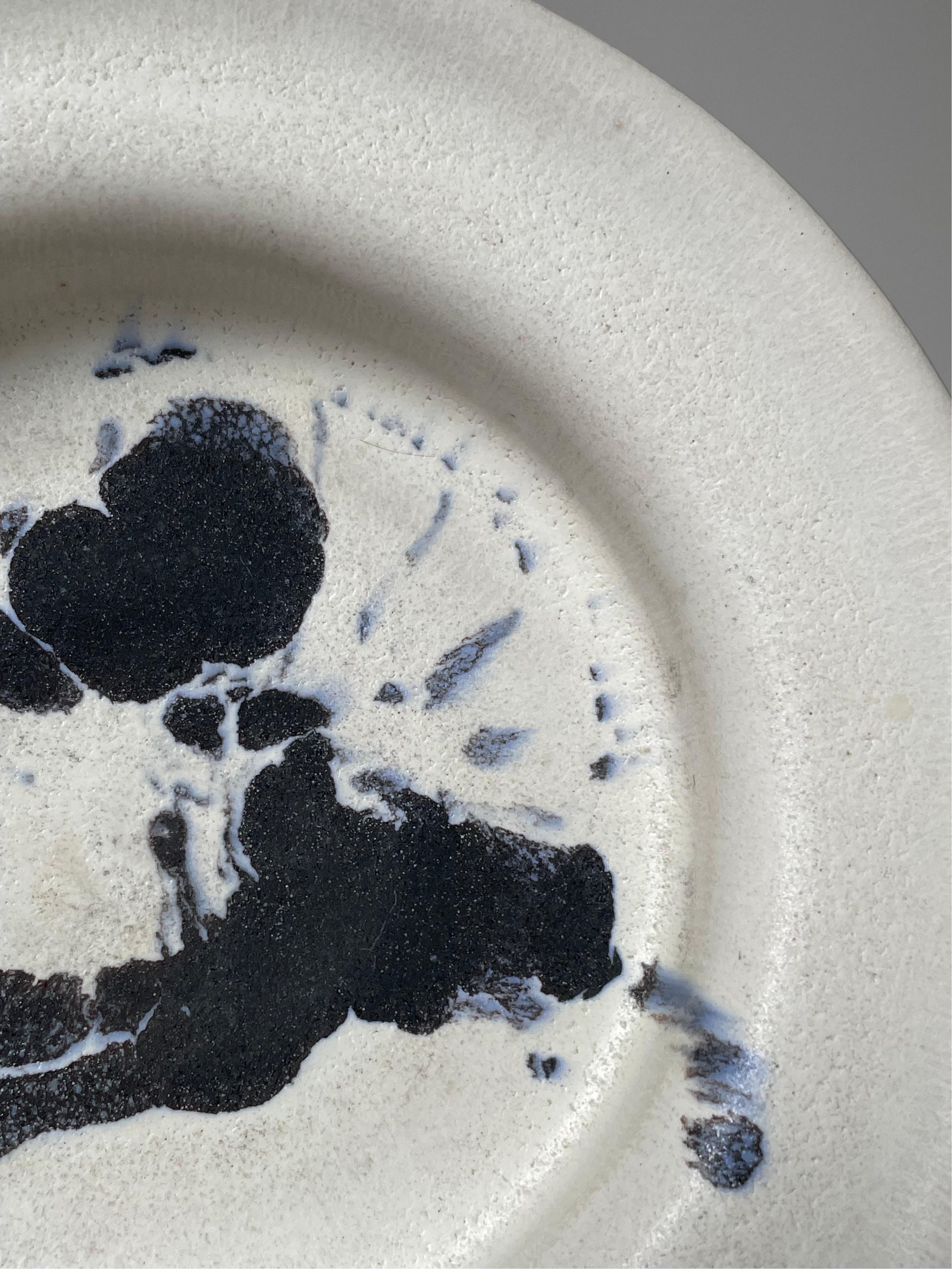 Stoneware White, Black and Blue Splash Glaze Vide Poche, 1980s For Sale