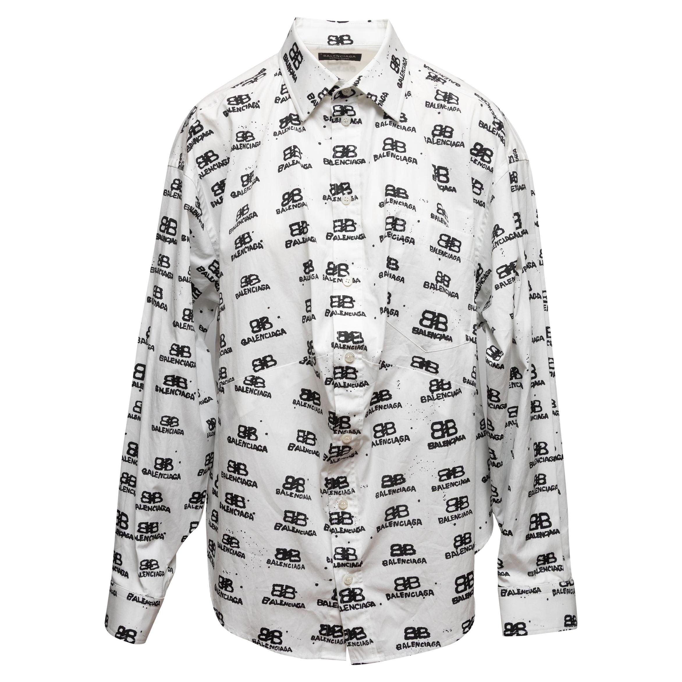 Top à boutons imprimé logo Balenciaga blanc et noir Taille FR 34 en vente