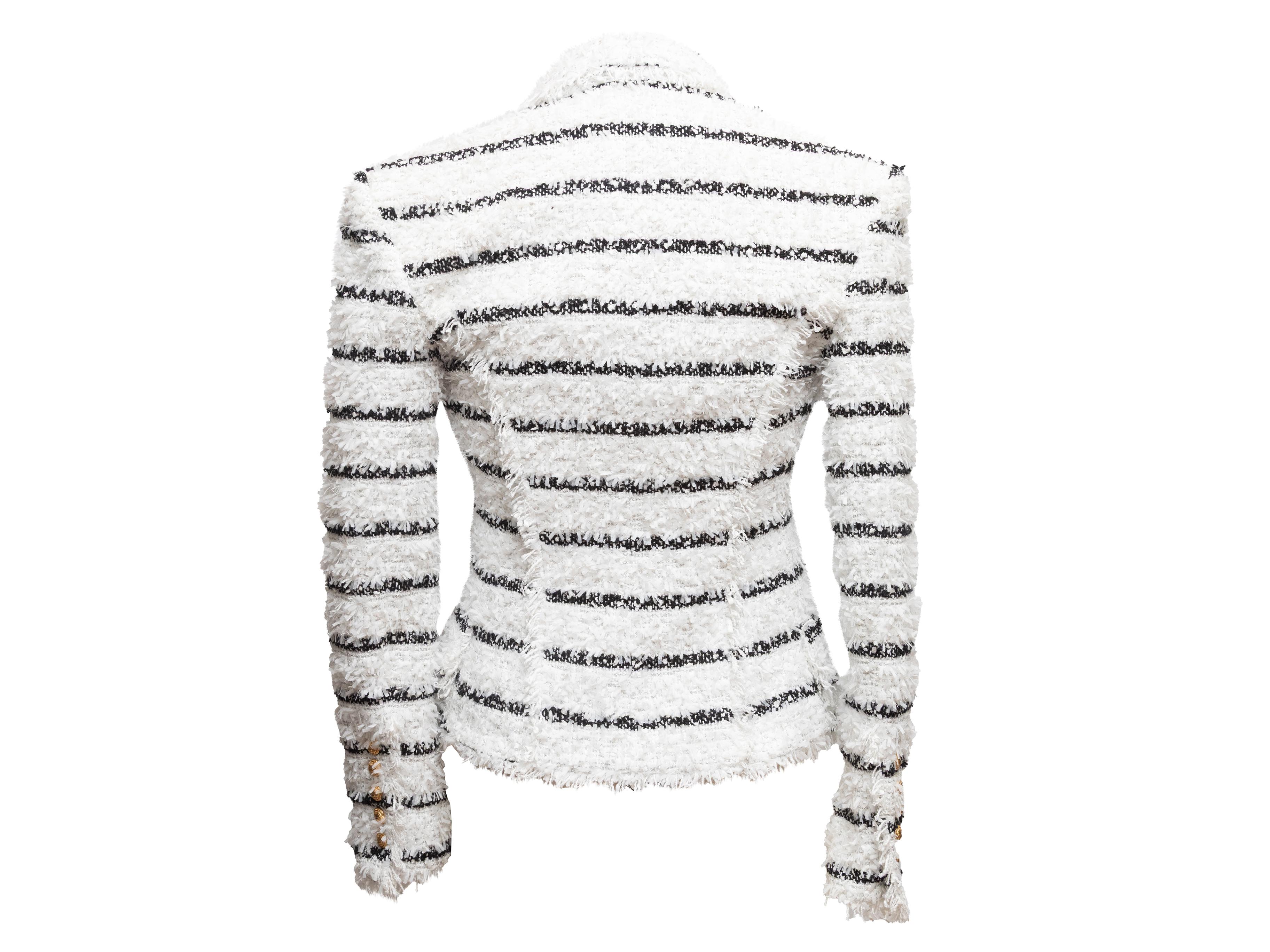 Weiß-schwarzer Balmain gestreifter strukturierter Zweireiher Größe FR 34 (Grau) im Angebot